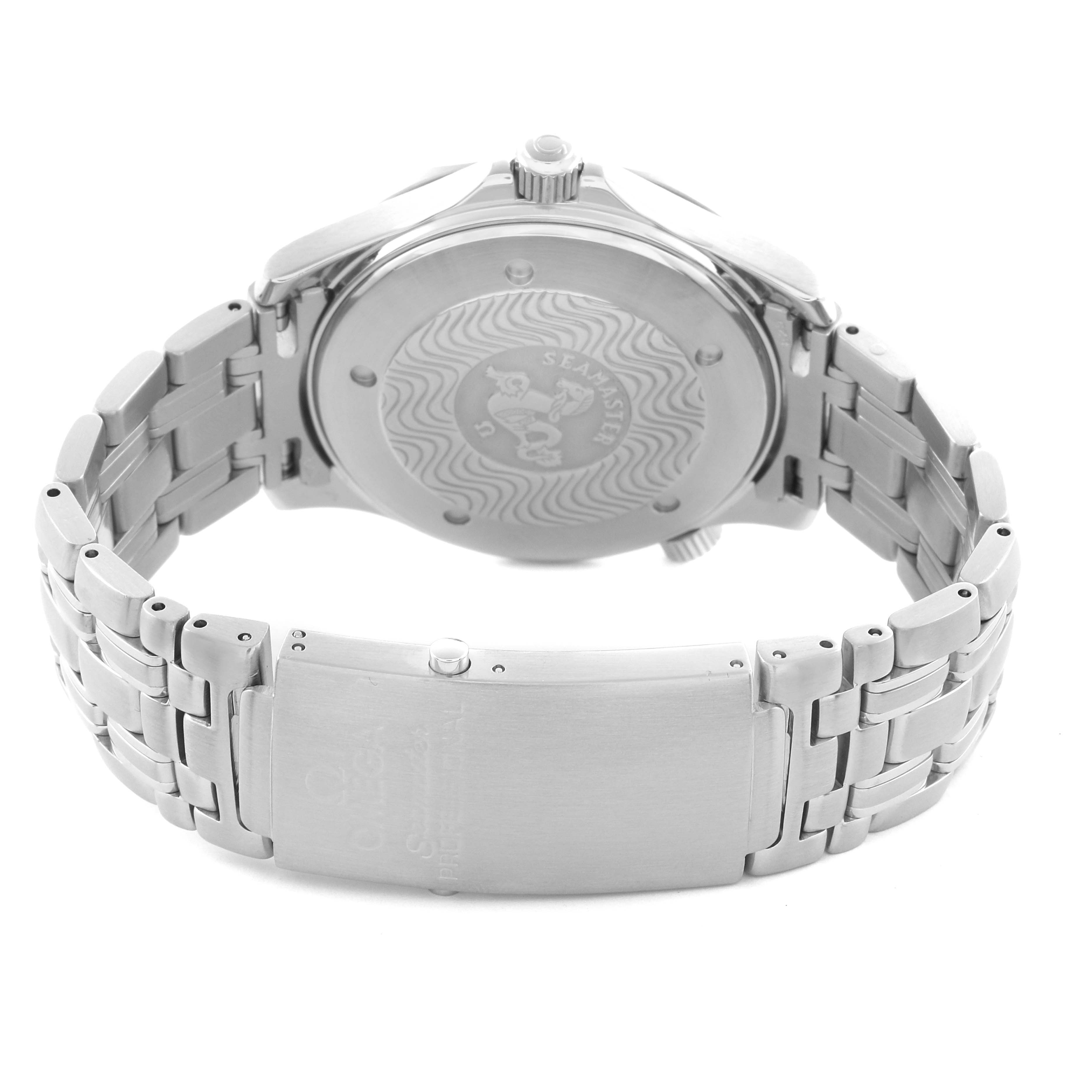 The image shows the back and clasp of the Omega Seamaster 2531.80.00 Men's Stainless Steel Blue Dial 2531.80.00 Men's Stainless Steel Blue Dial, highlighting the case back design and bracelet.