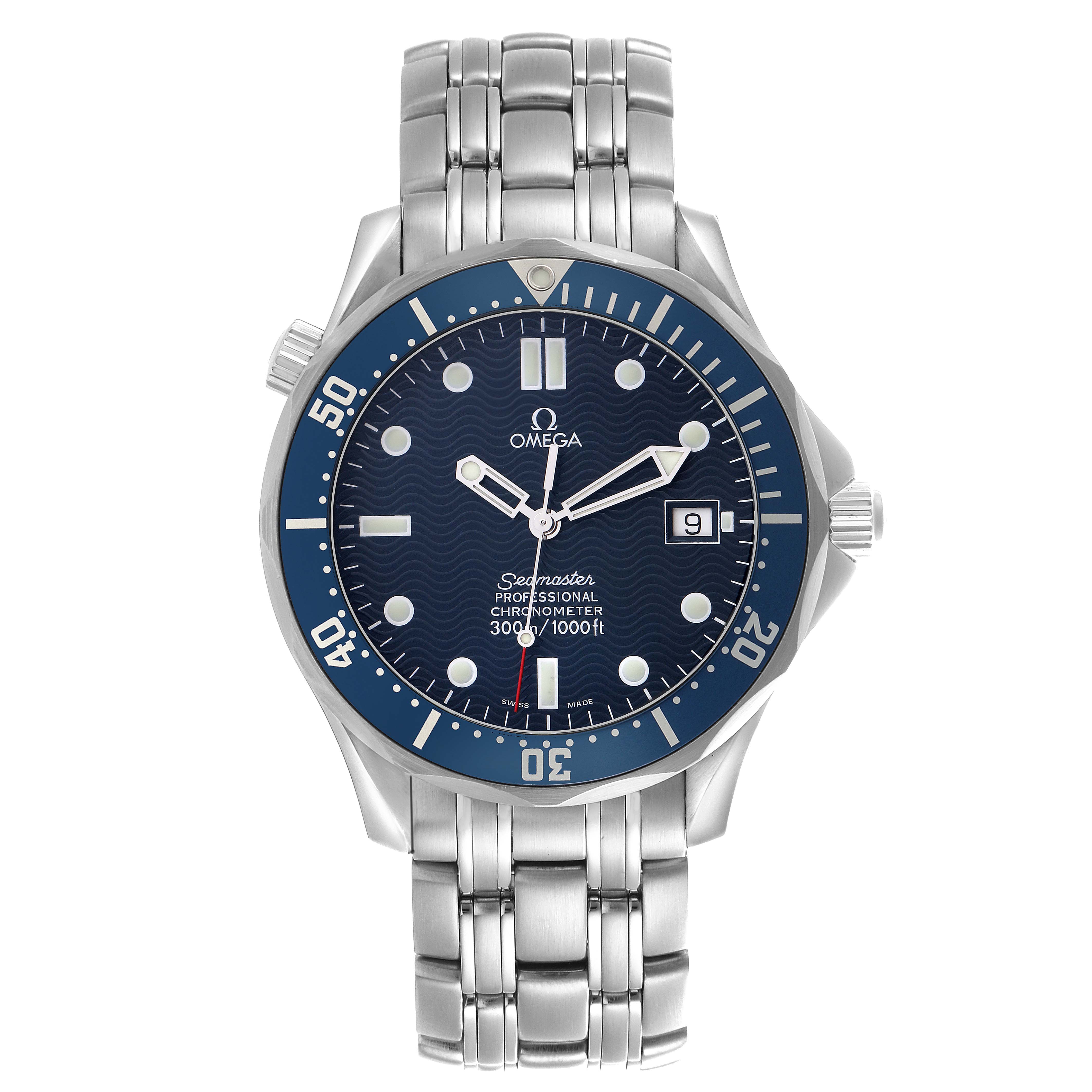 The Omega Seamaster 2531.80.00 Men's Stainless Steel Blue Dial 2531.80.00 Men's Stainless Steel Blue Dial watch is shown from a direct front angle, displaying the dial, bezel, and metal bracelet clearly.