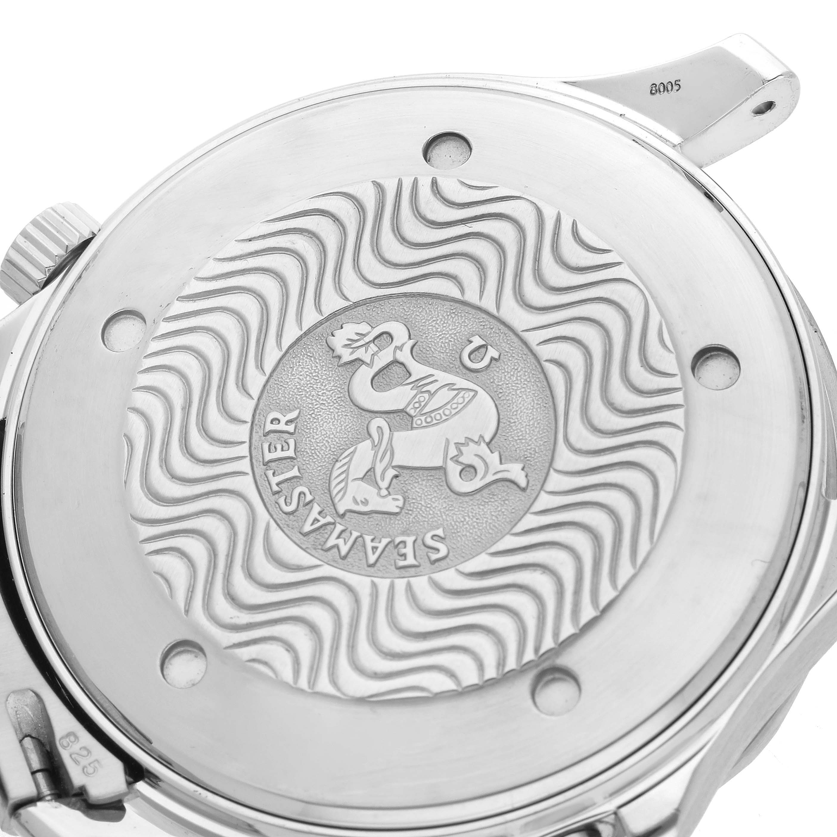 The image shows the back case of the Omega Seamaster 2531.80.00 Men's Stainless Steel Blue Dial 2531.80.00 Men's Stainless Steel Blue Dial watch, highlighting the engraved logo and wave pattern.