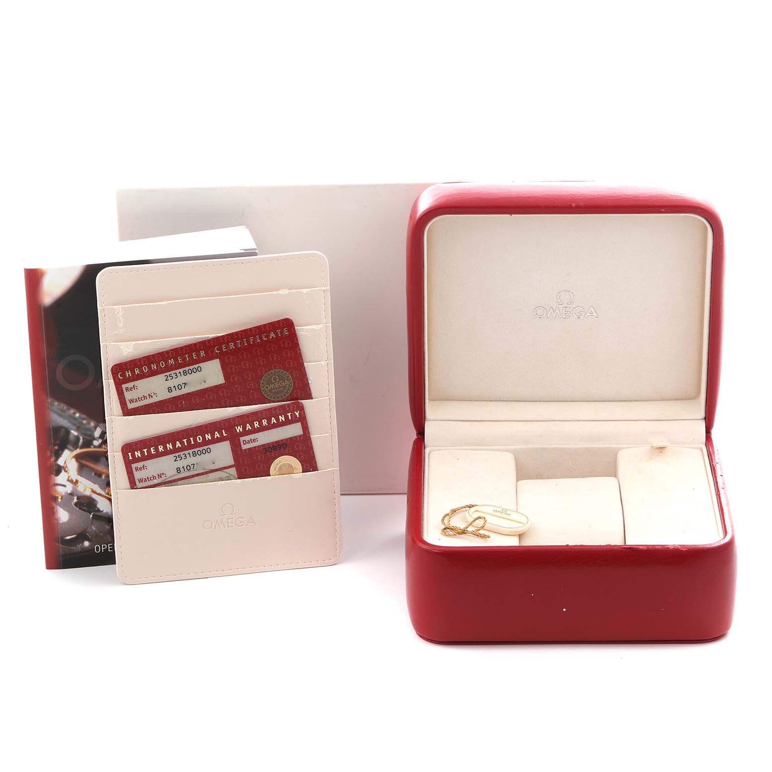 The image shows an Omega Seamaster 2531.80.00 Men's Stainless Steel Blue Dial 2531.80.00 Men's Stainless Steel Blue Dial's open red box, warranty cards, and a booklet.