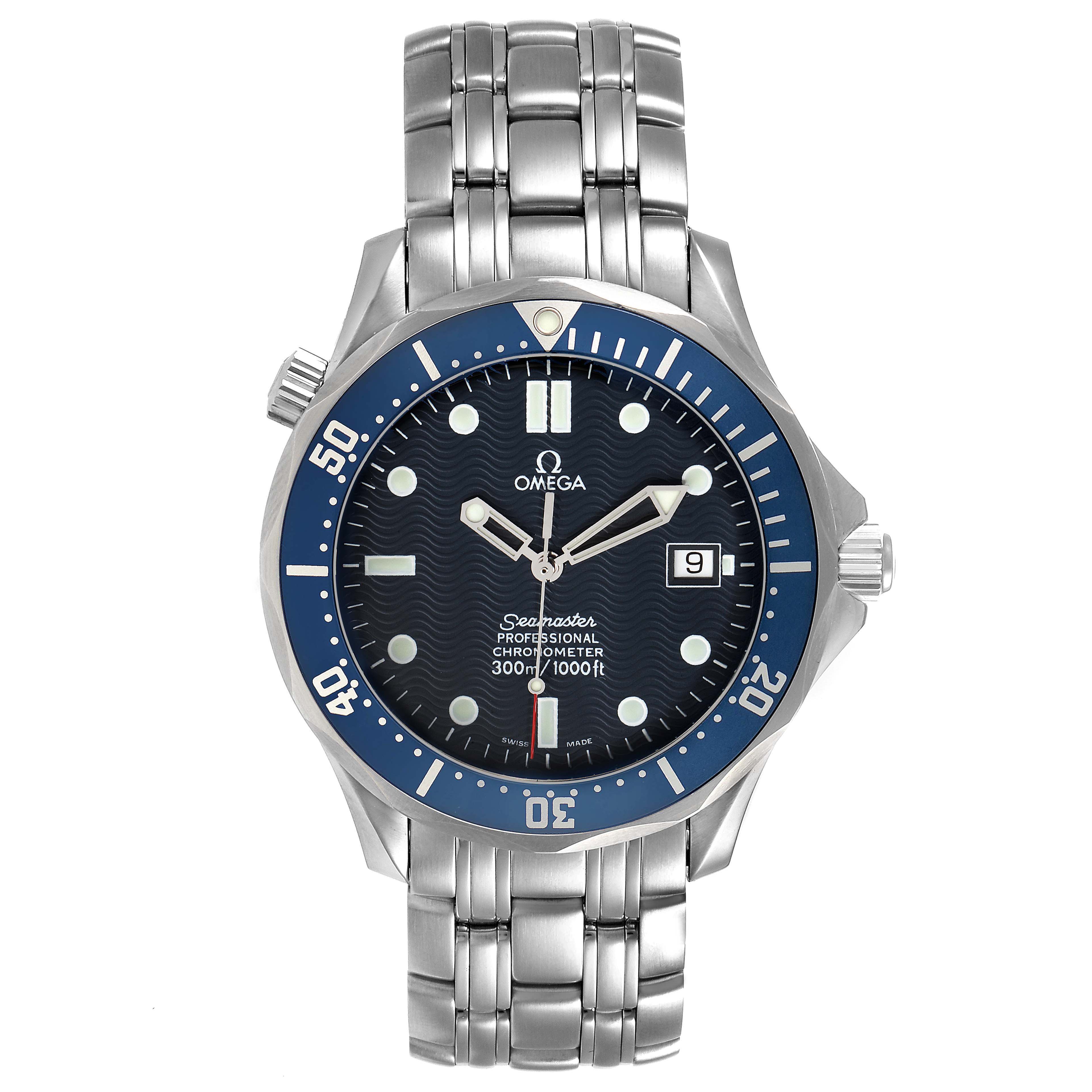 The Omega Seamaster 2531.80.00 Men's Stainless Steel Blue Dial 2531.80.00 Men's Stainless Steel Blue Dial watch is shown from a top view, displaying the dial, bezel, bracelet, and crown.