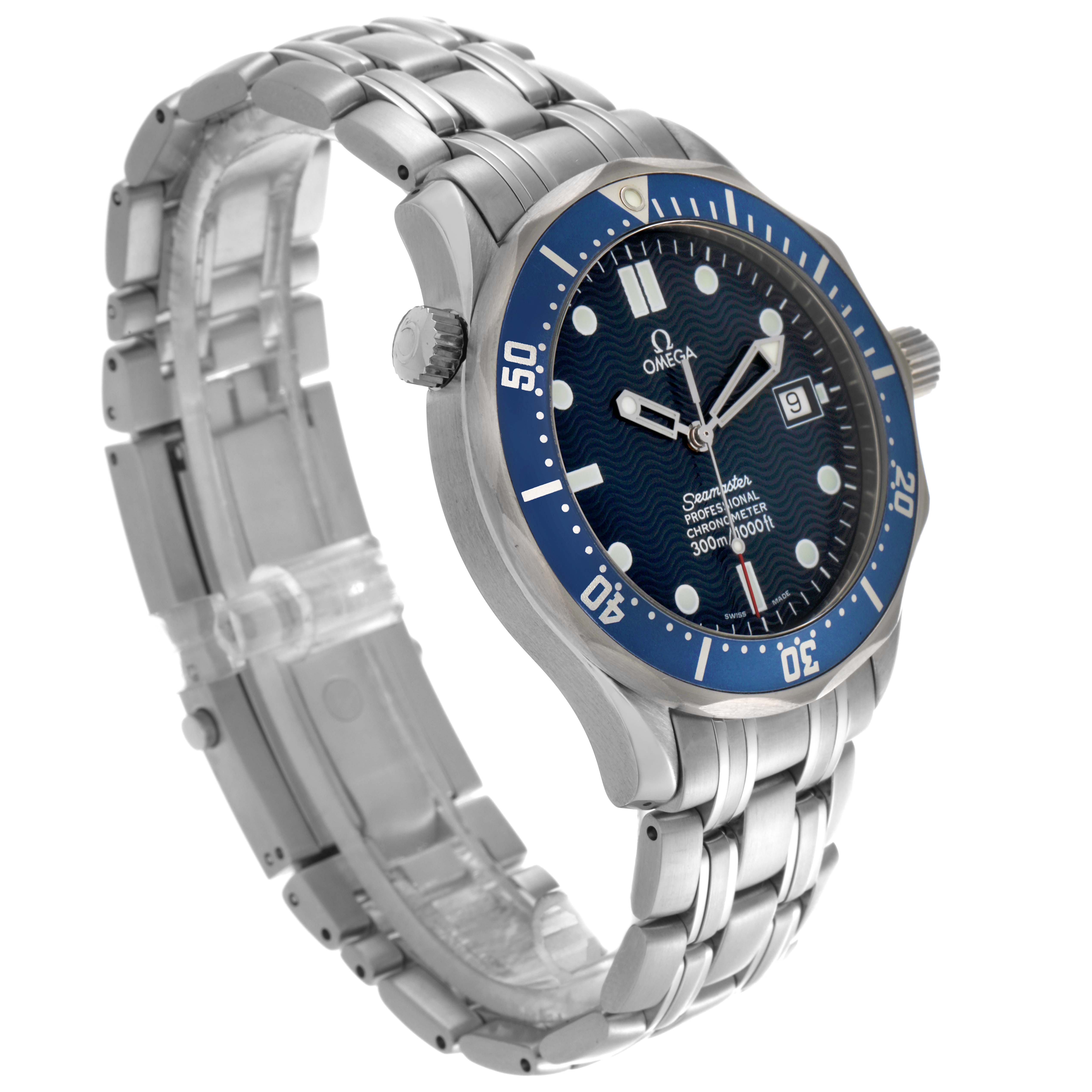 The Omega Seamaster 2531.80.00 Men's Stainless Steel Blue Dial 2531.80.00 Men's Stainless Steel Blue Dial watch is angled to show its face, bezel, crown, and metal bracelet, with the dial and date window clearly visible.