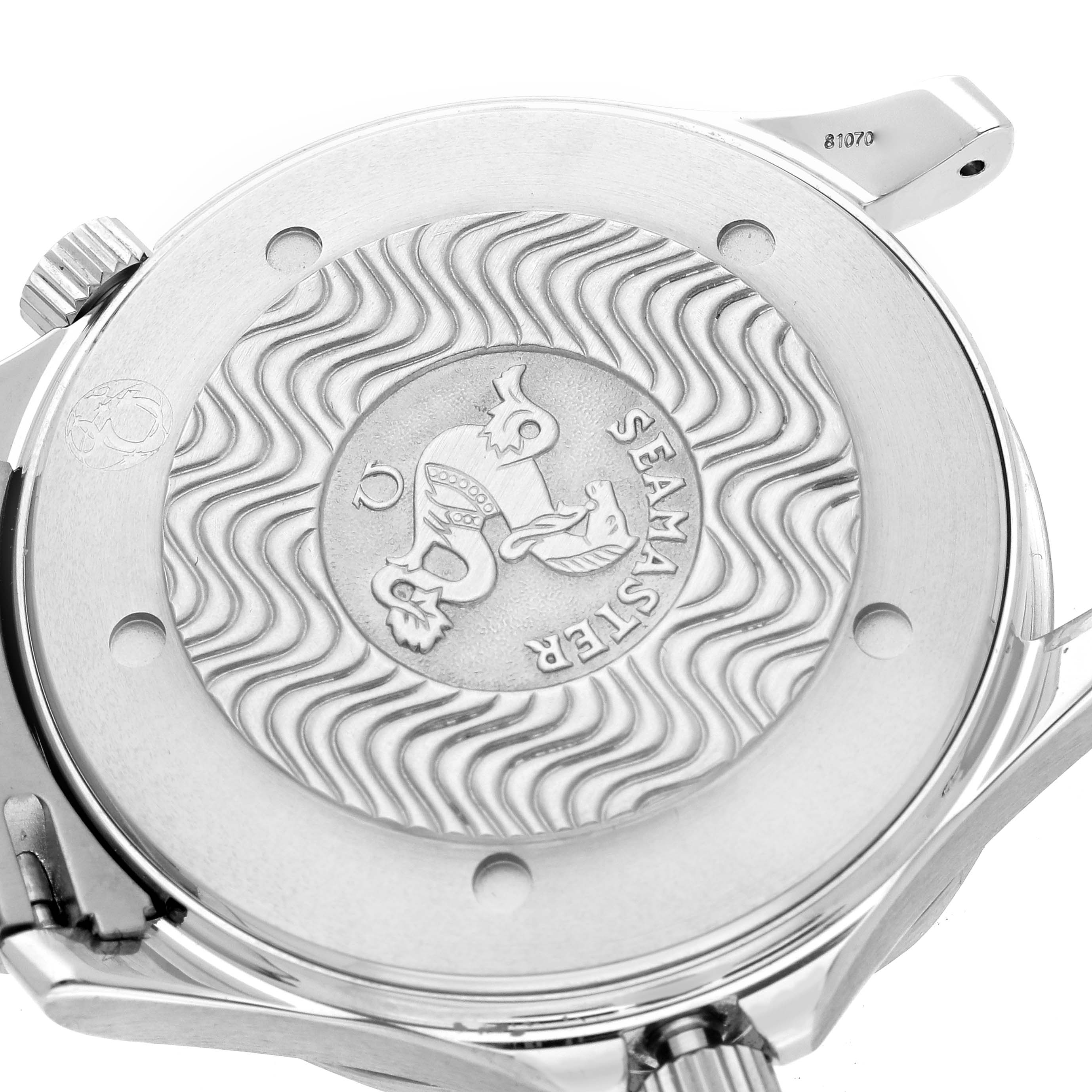 The Omega Seamaster 2531.80.00 Men's Stainless Steel Blue Dial 2531.80.00 Men's Stainless Steel Blue Dial watch is shown from a rear angle, highlighting the embossed wave pattern and logo on the case back.