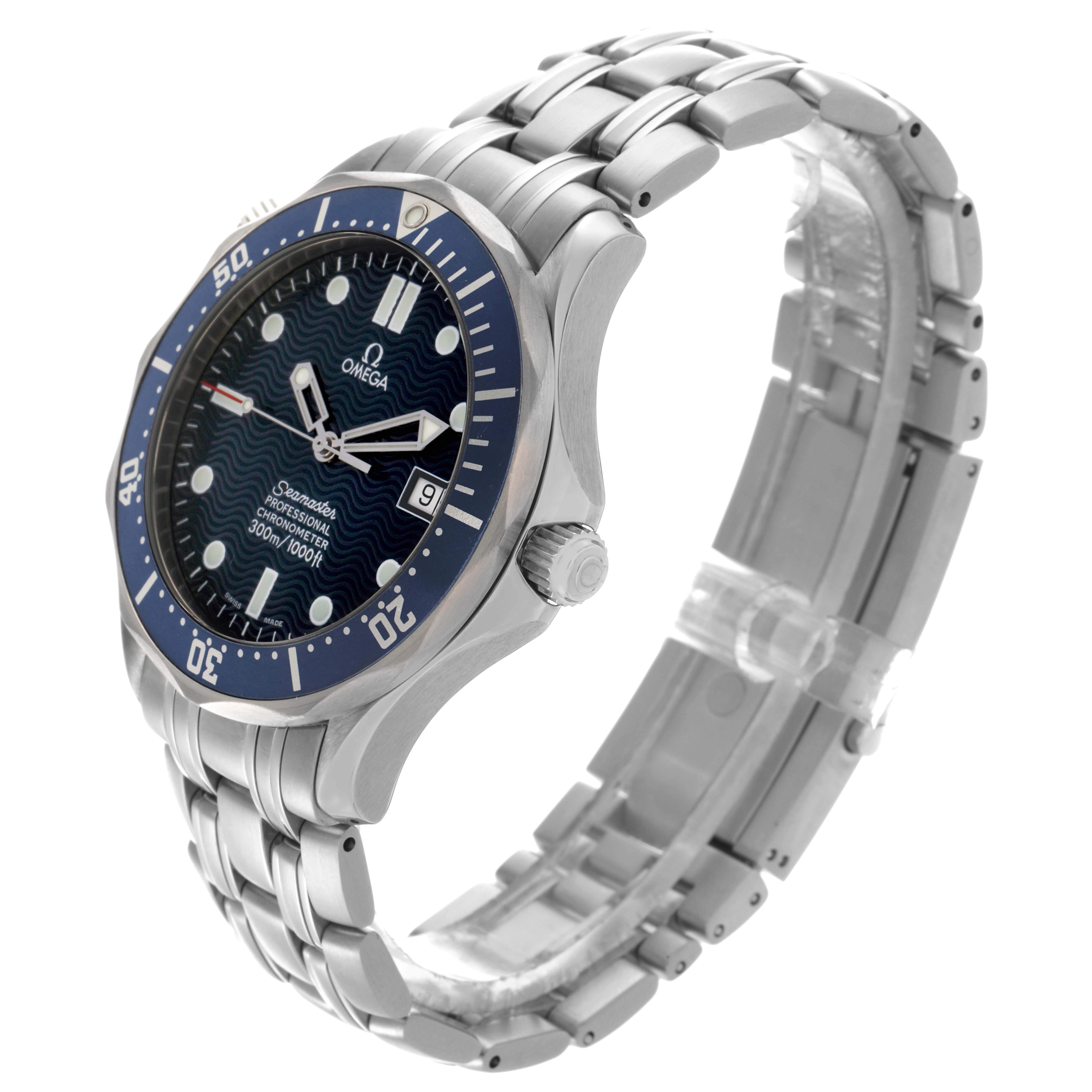 The Omega Seamaster 2531.80.00 Men's Stainless Steel Blue Dial 2531.80.00 Men's Stainless Steel Blue Dial watch is shown at a side angle, highlighting the bracelet, bezel, crown, and watch face.