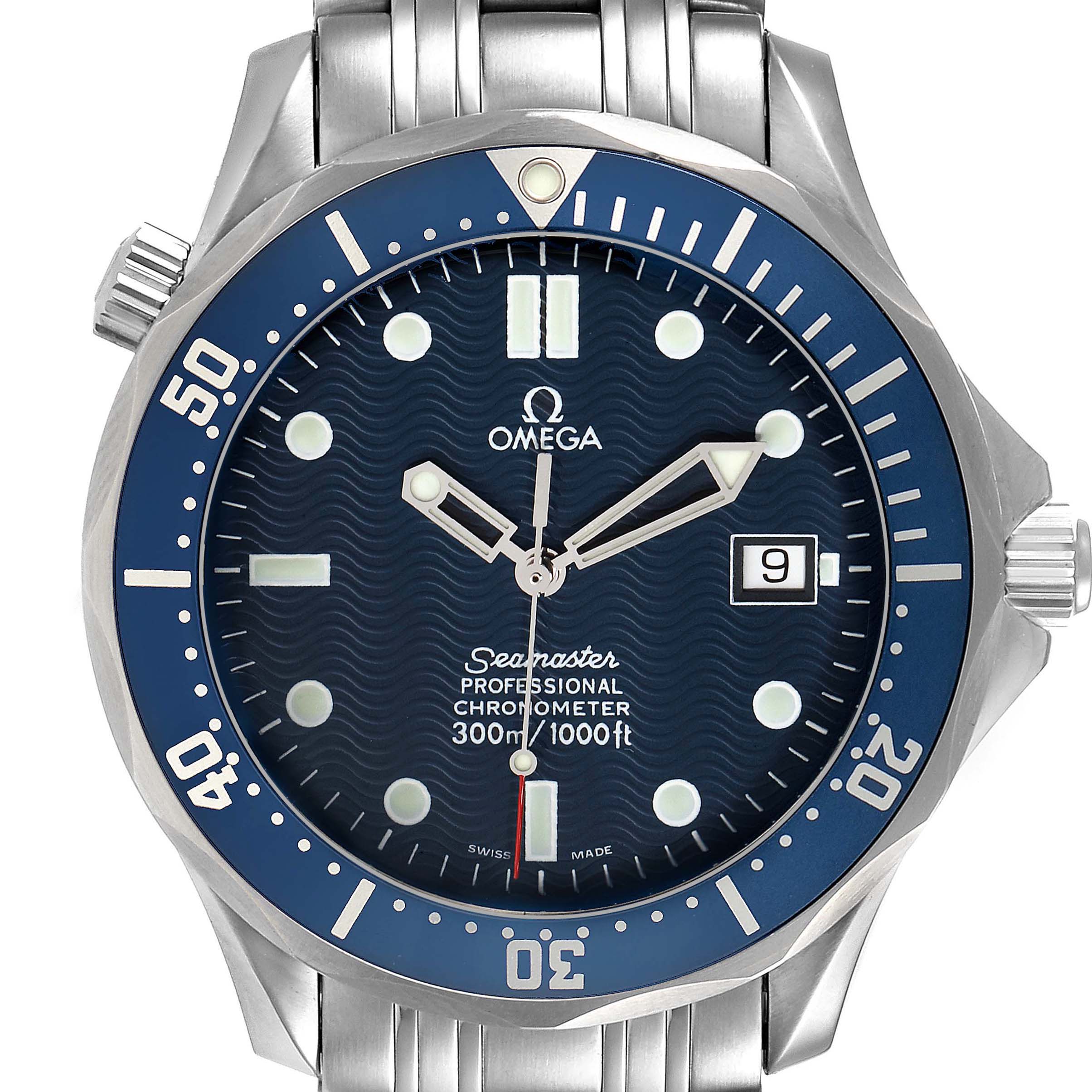 The image shows a front view of an Omega Seamaster 2531.80.00 Men's Stainless Steel Blue Dial 2531.80.00 Men's Stainless Steel Blue Dial watch, displaying the dial, bezel, and bracelet.