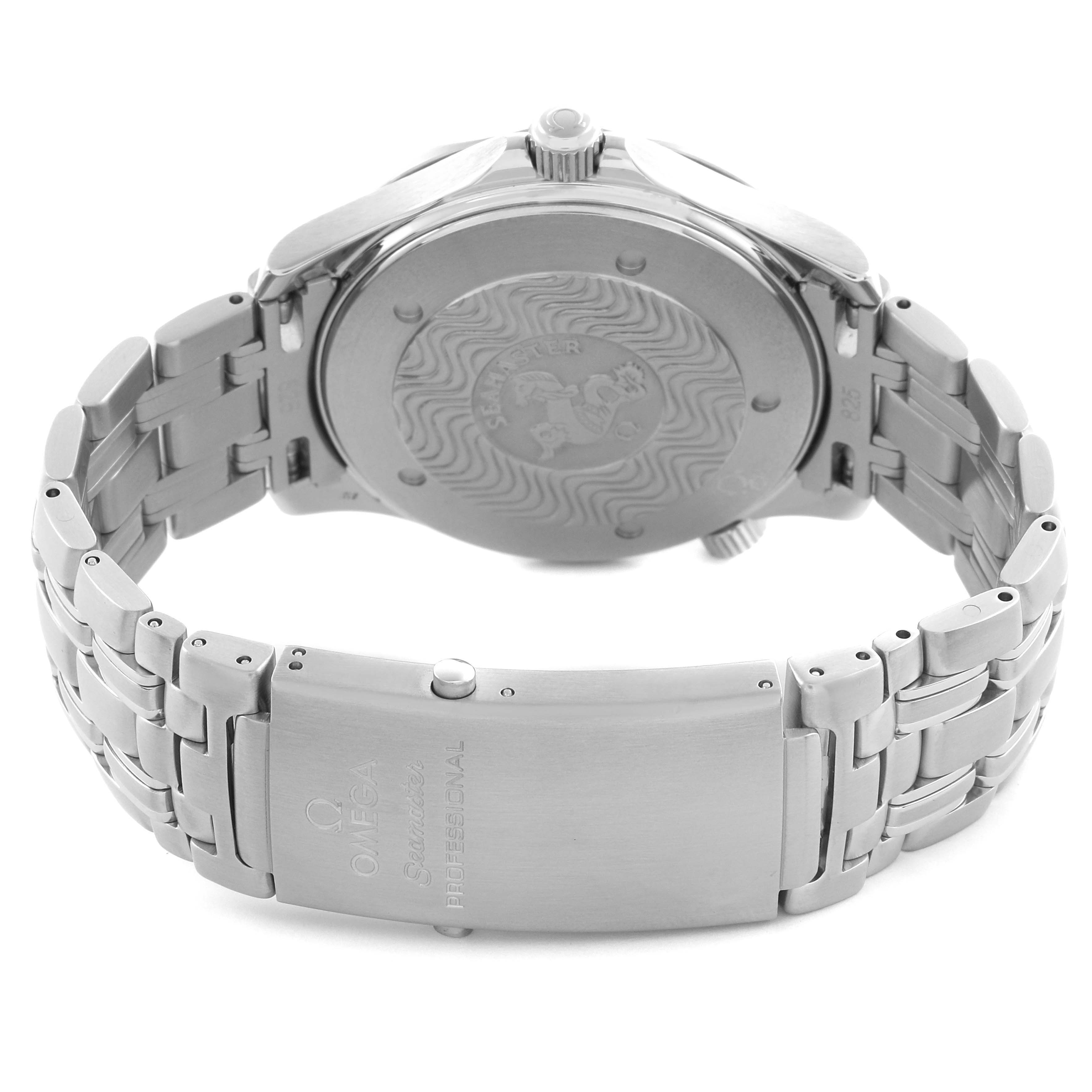 The image shows the back and clasp of an Omega Seamaster 2531.80.00 Men's Stainless Steel Blue Dial 2531.80.00 Men's Stainless Steel Blue Dial watch, highlighting its bracelet and engraved case back.