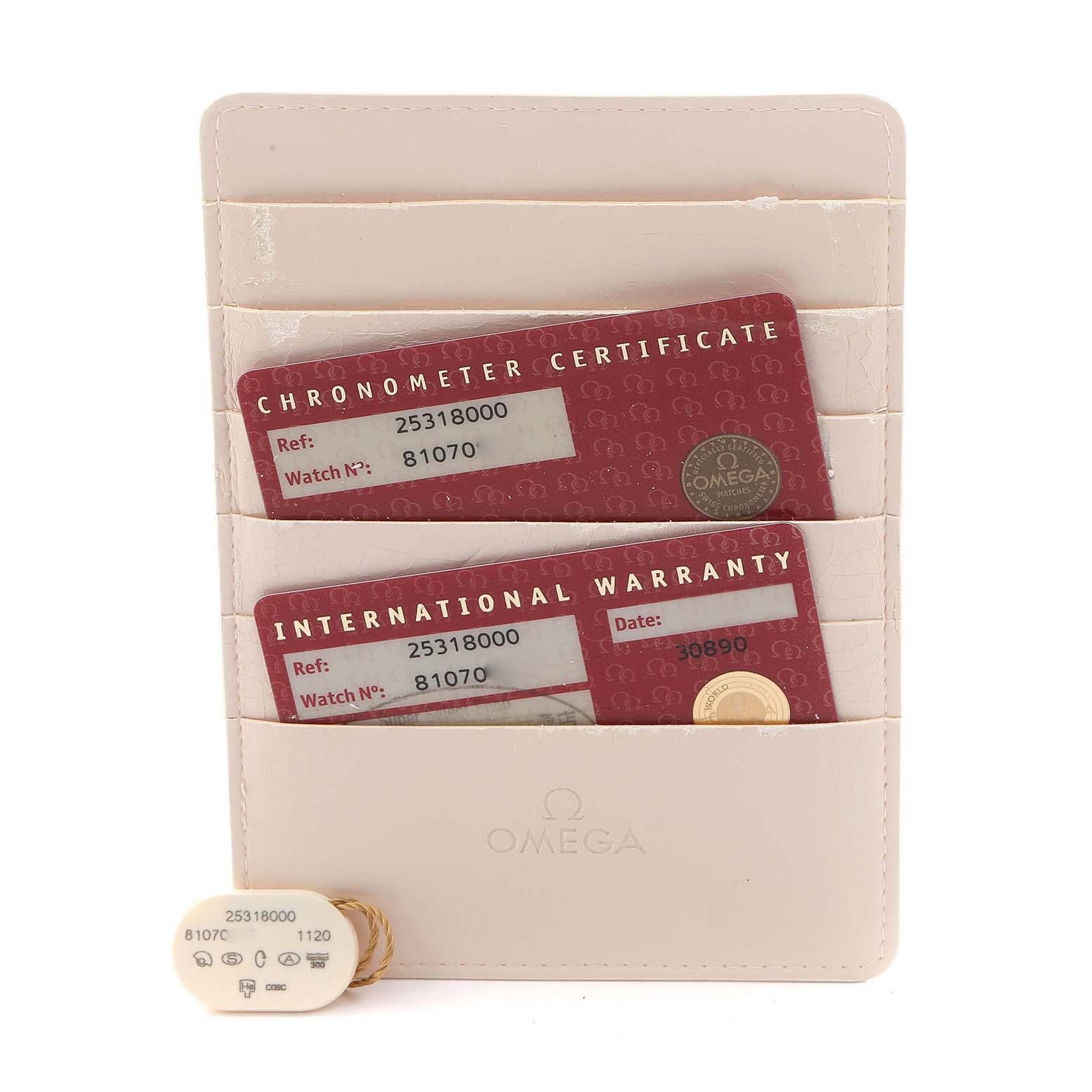 The image shows Omega Seamaster 2531.80.00 Men's Stainless Steel Blue Dial 2531.80.00 Men's Stainless Steel Blue Dial model's warranty cards and a certification tag with the reference and watch number.