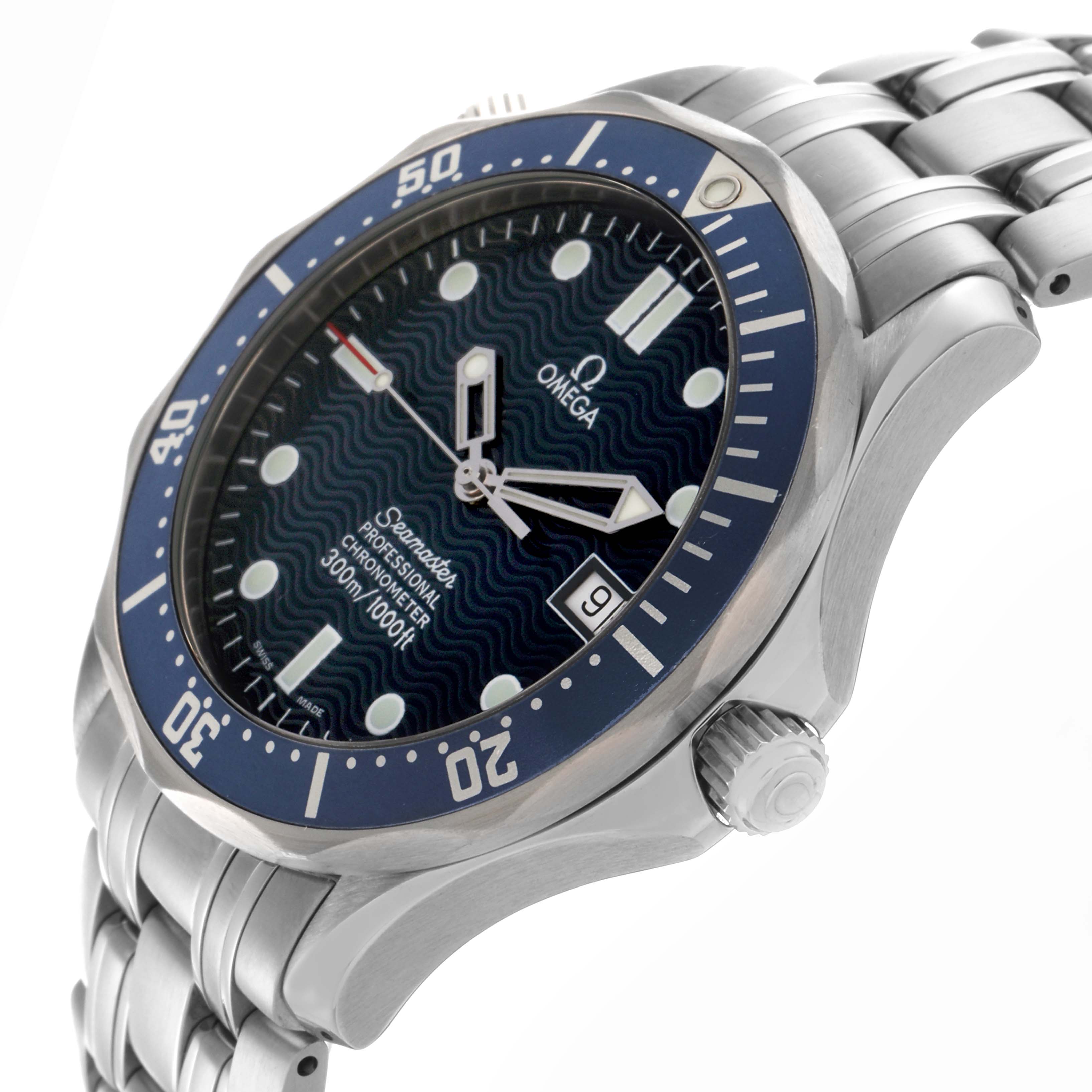 The Omega Seamaster 2531.80.00 Men's Stainless Steel Blue Dial 2531.80.00 Men's Stainless Steel Blue Dial watch is shown at an angled side view, highlighting the face, bezel, crown, and stainless steel bracelet.