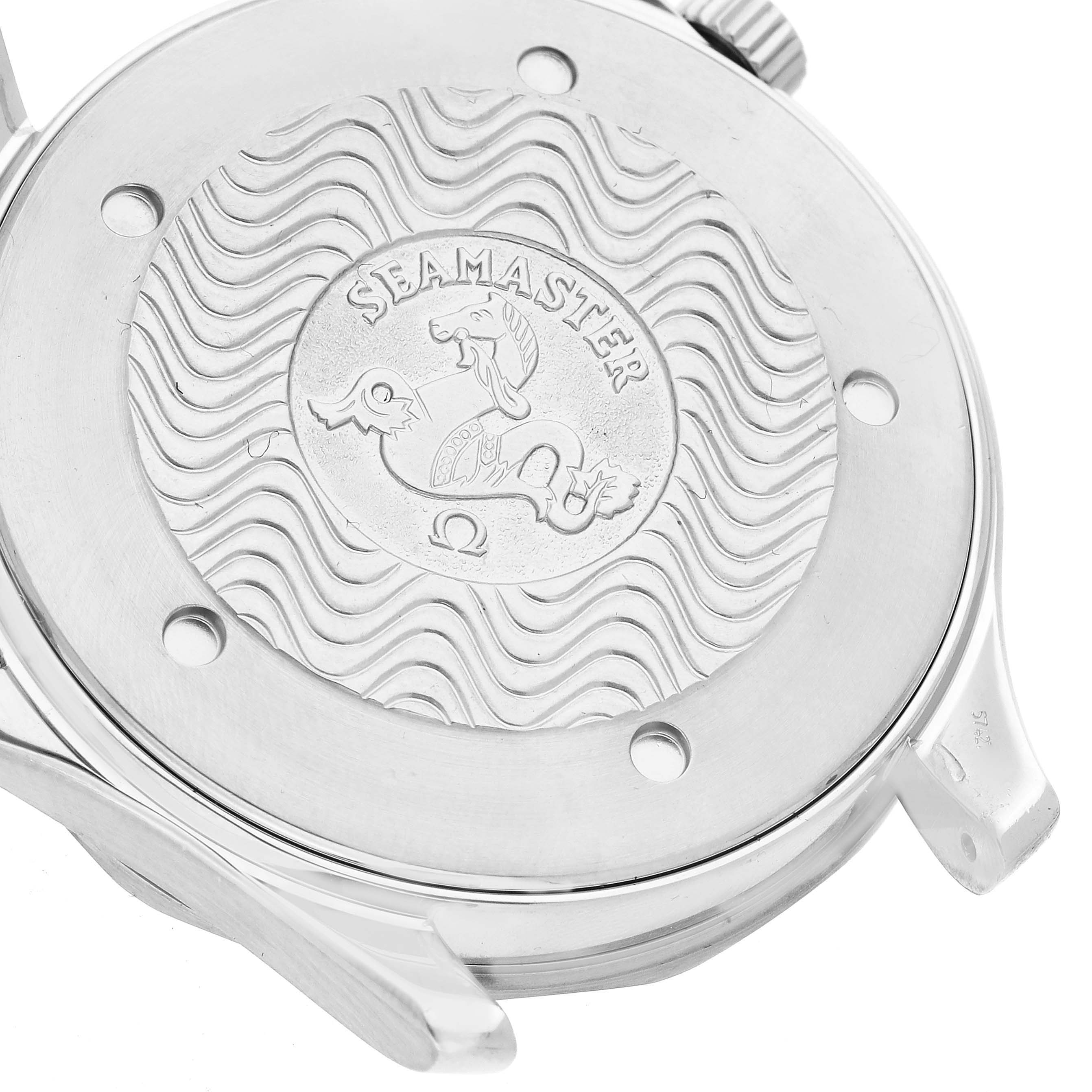 The image shows the case back of an Omega Seamaster 2265.80.00 Men
s Stainless Steel Blue Dial 2265.80.00 Men
s Stainless Steel Blue Dial watch at a slight angle, displaying the engraved logo and wave pattern.