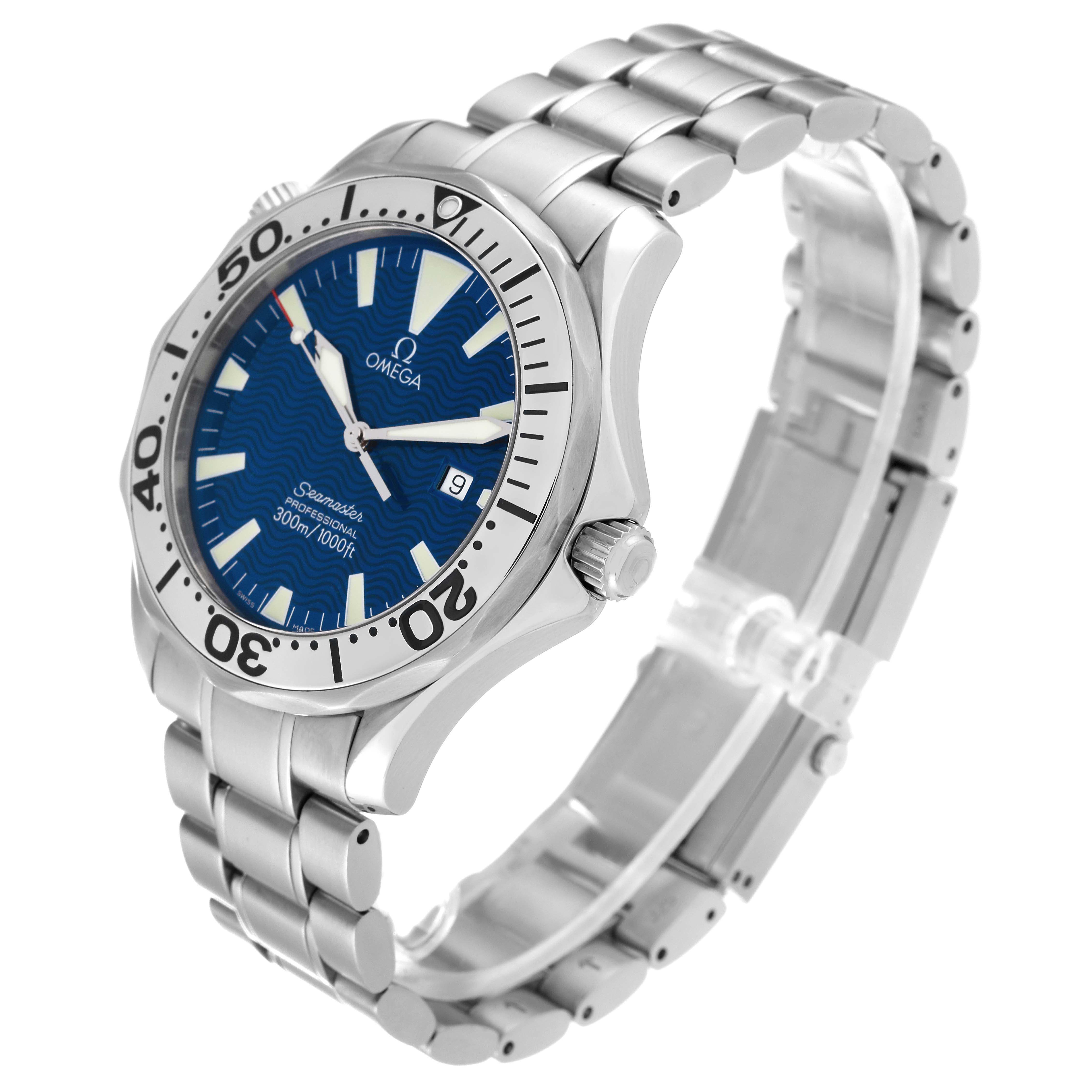 The image shows an angled side and front view of an Omega Seamaster 2265.80.00 Men
s Stainless Steel Blue Dial 2265.80.00 Men
s Stainless Steel Blue Dial watch, highlighting its blue dial, bezel, and stainless steel bracelet.
