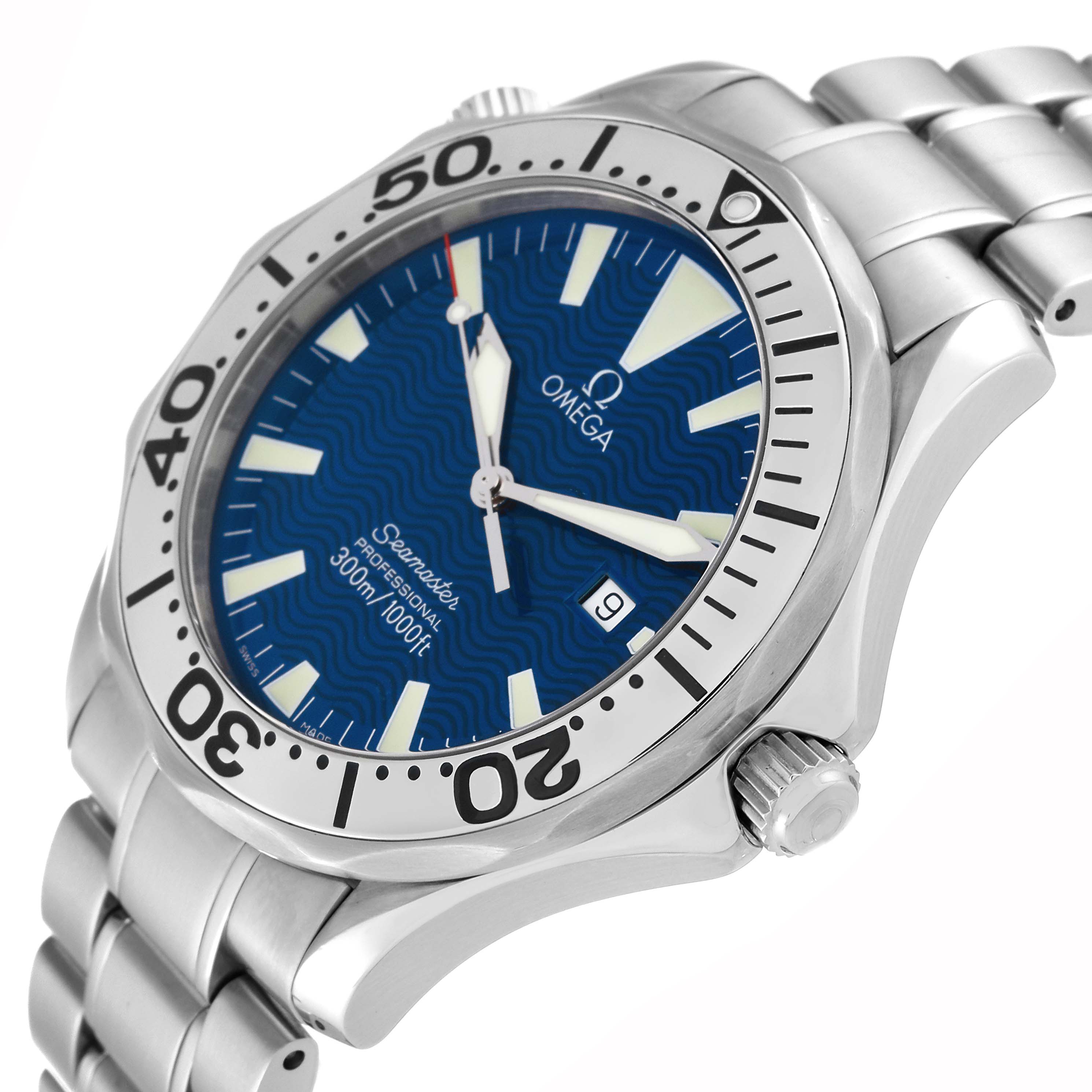 The image shows an angled view of the Omega Seamaster 2265.80.00 Men
s Stainless Steel Blue Dial 2265.80.00 Men
s Stainless Steel Blue Dial watch, highlighting the bezel, dial, crown, and metal bracelet.
