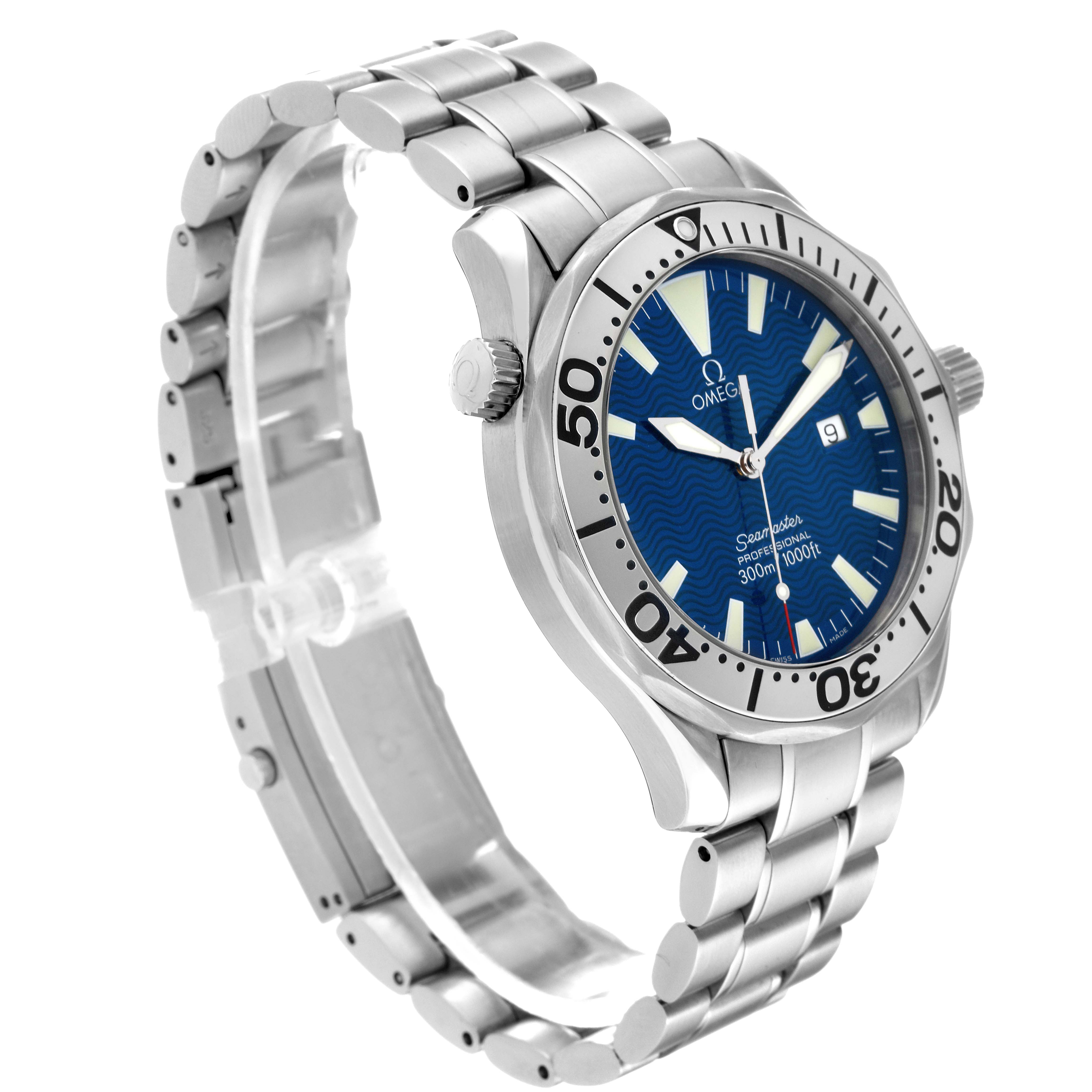 The Omega Seamaster 2265.80.00 Men
s Stainless Steel Blue Dial 2265.80.00 Men
s Stainless Steel Blue Dial watch is shown from a three-quarter angle, displaying the face, bezel, crown, and metal bracelet.