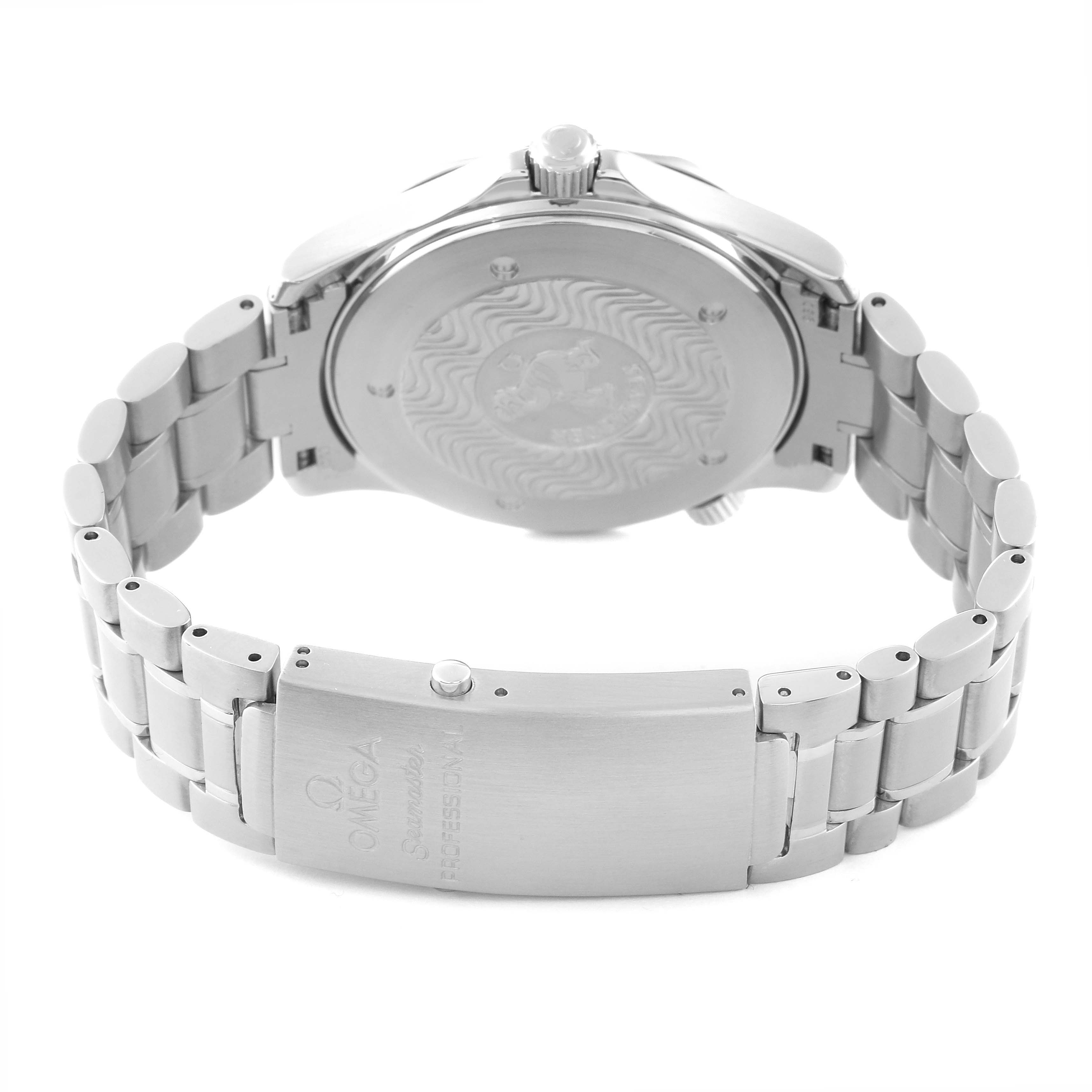 The image shows an Omega Seamaster 2265.80.00 Men
s Stainless Steel Blue Dial 2265.80.00 Men
s Stainless Steel Blue Dial watch from the back, highlighting the case back, crown, and bracelet clasp.