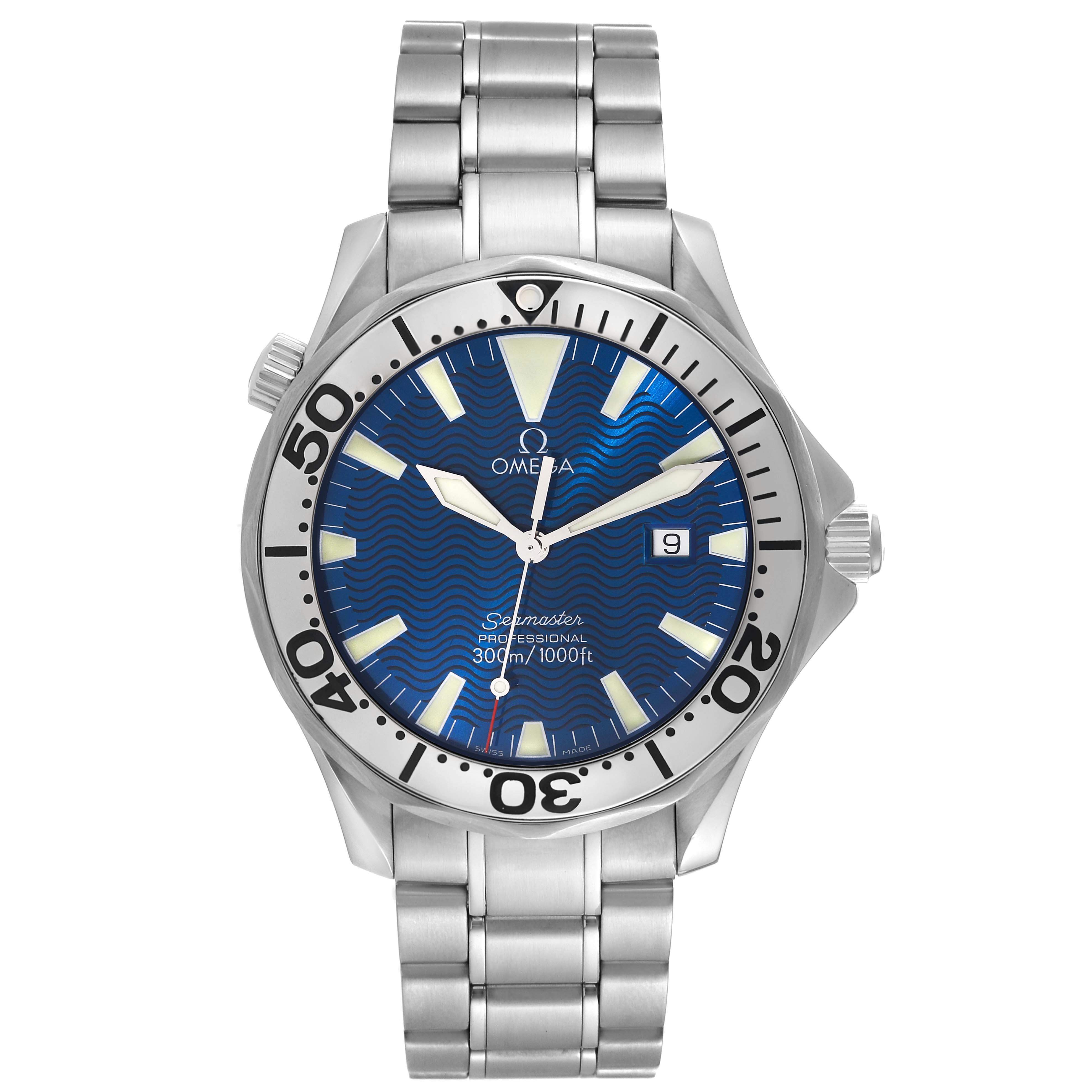 This image shows a frontal view of the Omega Seamaster 2265.80.00 Men
s Stainless Steel Blue Dial 2265.80.00 Men
s Stainless Steel Blue Dial watch, highlighting the dial, bezel, and bracelet.