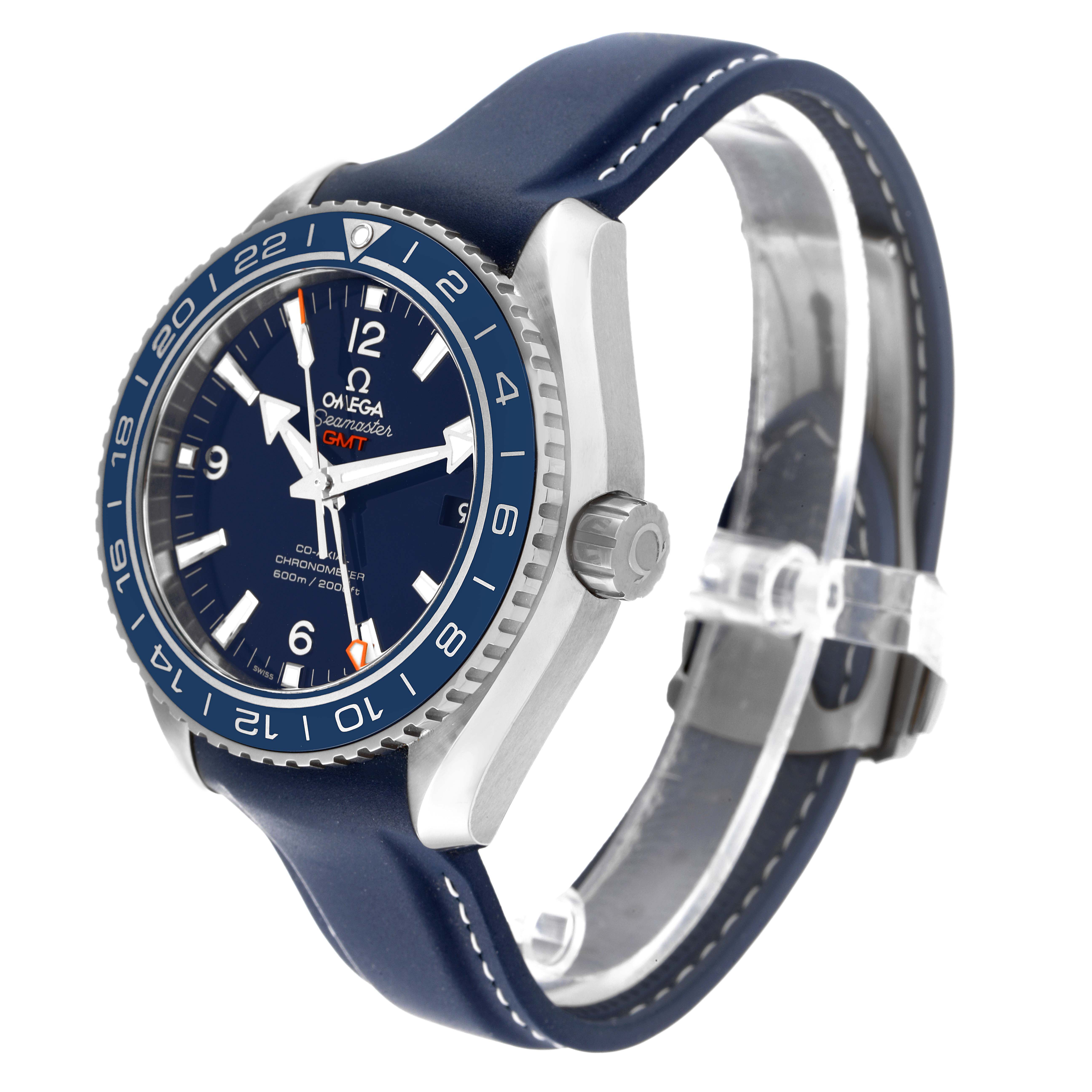 The image shows a side and partial front view of an Omega Planet Ocean 232.92.44.22.03.001 Men's Titanium Blue Dial 232.92.44.22.03.001 Men's Titanium Blue Dial GMT watch with a blue strap and bezel.