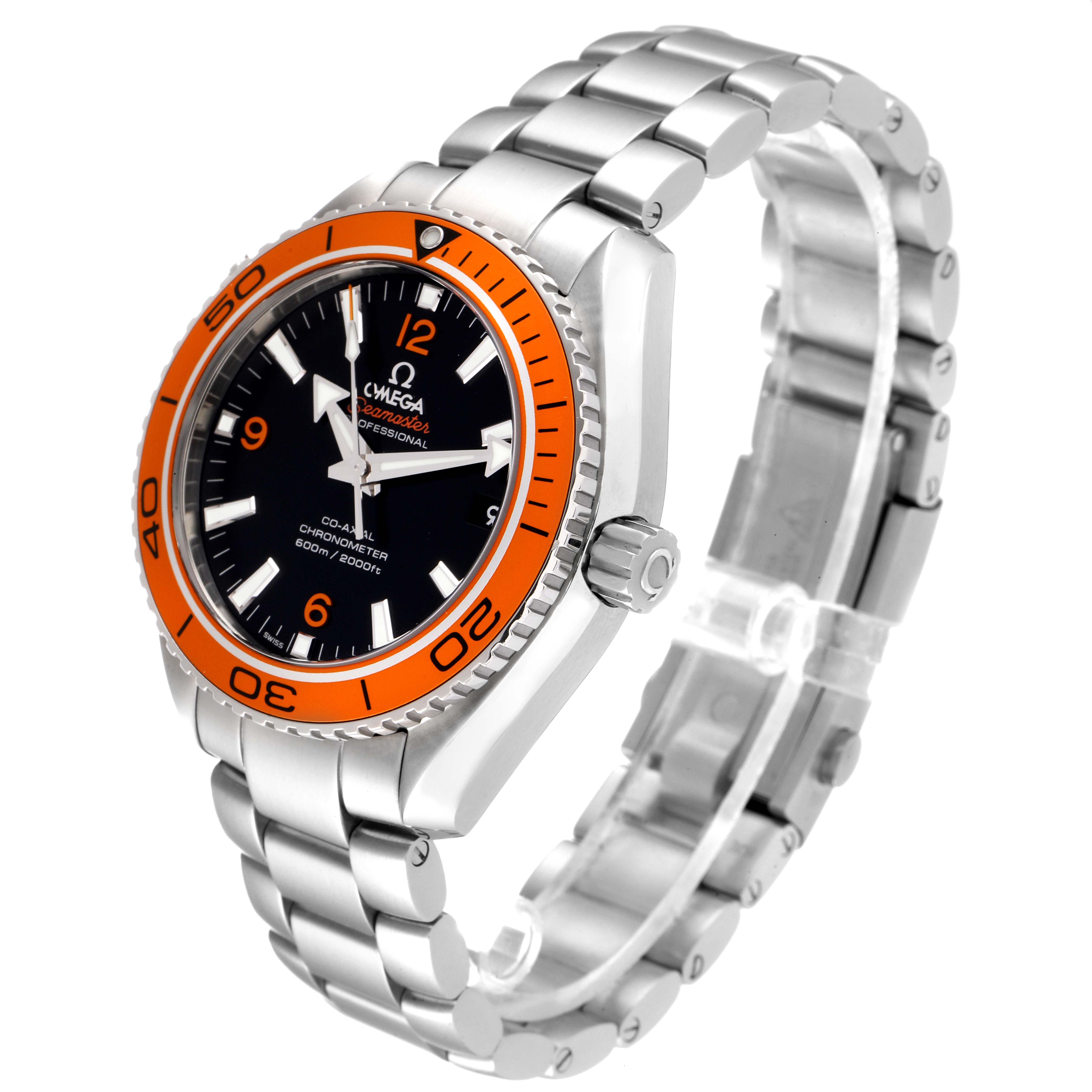 The image shows an Omega Planet Ocean 232.30.42.21.01.002 Men
s Stainless Steel Black Dial 232.30.42.21.01.002 Men
s Stainless Steel Black Dial watch from a three-quarter side angle, highlighting its face, orange bezel, and metal bracelet.