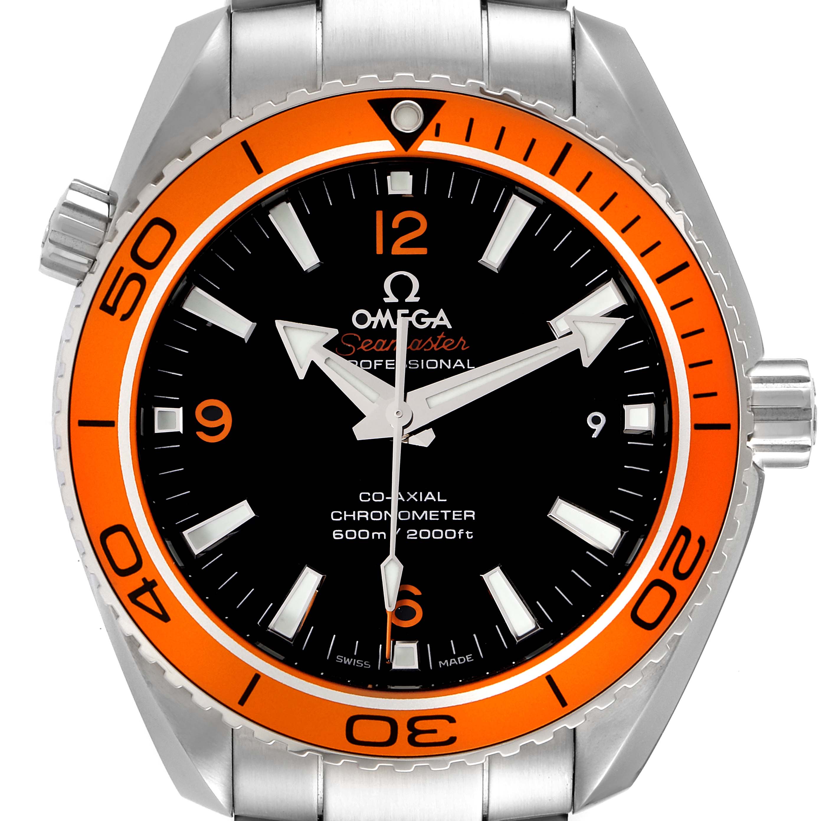 The image shows the front view of the Omega Planet Ocean 232.30.42.21.01.002 Men
s Stainless Steel Black Dial 232.30.42.21.01.002 Men
s Stainless Steel Black Dial watch, highlighting its black dial, orange bezel, and metal band.