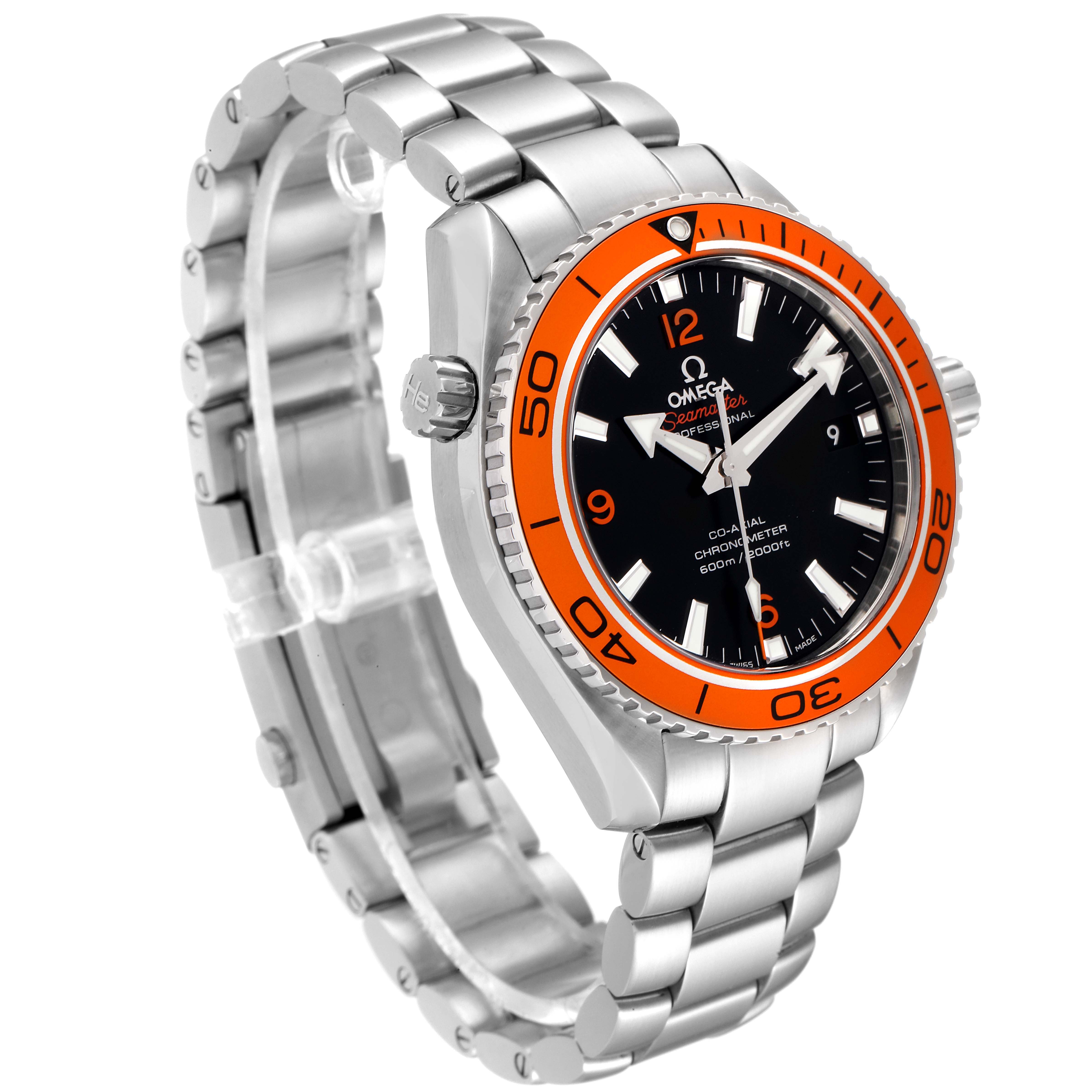 This Omega Planet Ocean 232.30.42.21.01.002 Men
s Stainless Steel Black Dial 232.30.42.21.01.002 Men
s Stainless Steel Black Dial model watch is shown at a three-quarter angle, highlighting the bezel, dial, crown, and stainless steel bracelet.