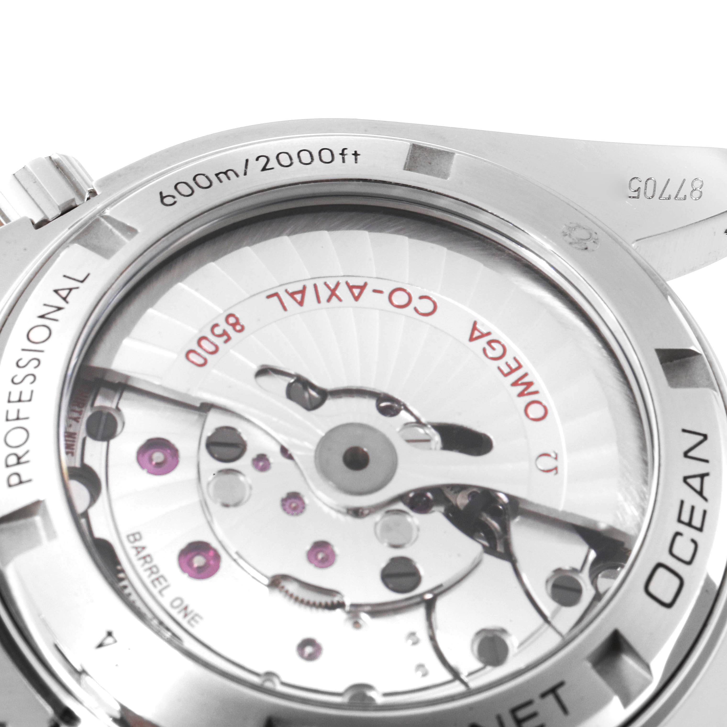 This image shows the back view of the Omega Planet Ocean 232.30.42.21.01.002 Men
s Stainless Steel Black Dial 232.30.42.21.01.002 Men
s Stainless Steel Black Dial watch, highlighting its movement and inner mechanics.