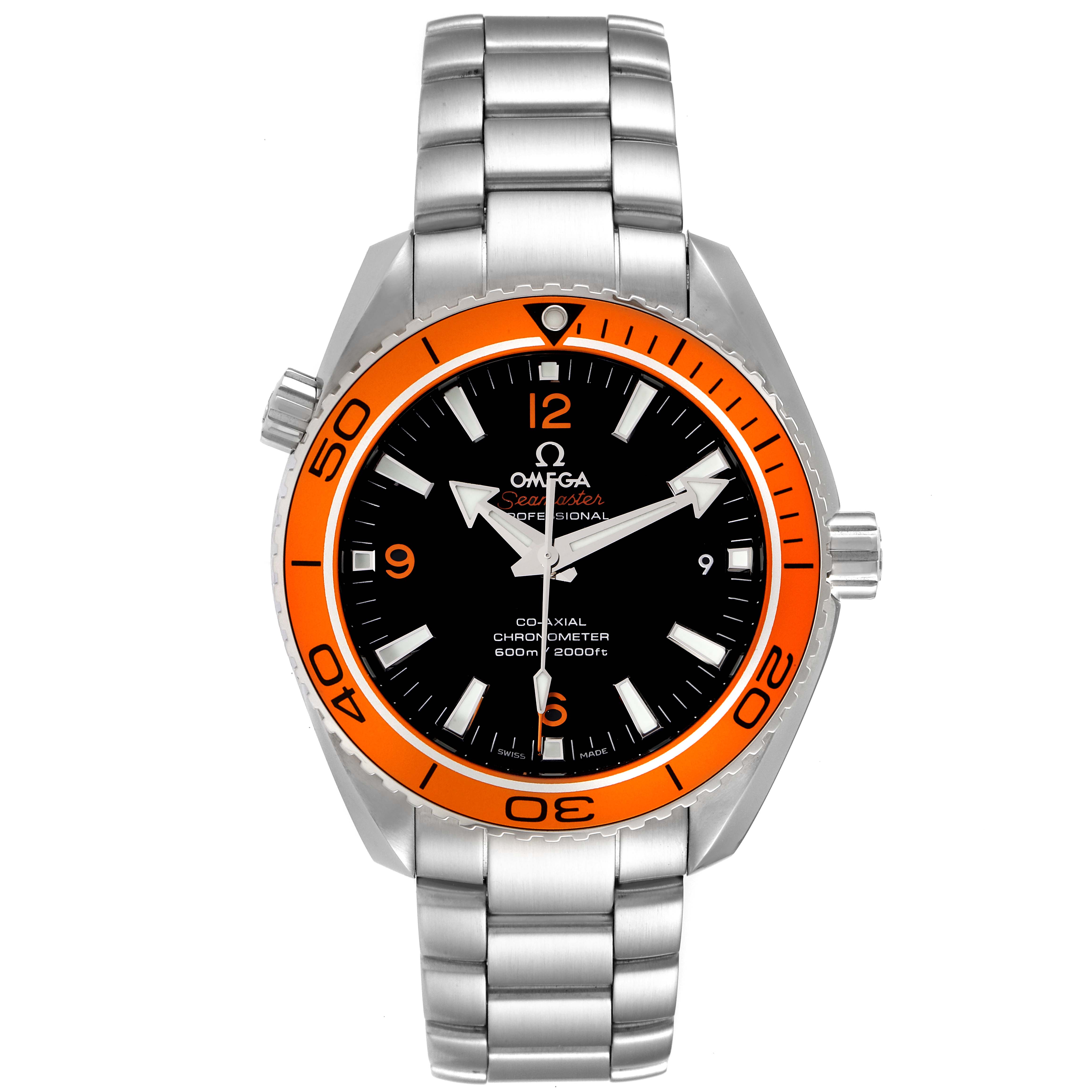 This Omega Planet Ocean 232.30.42.21.01.002 Men
s Stainless Steel Black Dial 232.30.42.21.01.002 Men
s Stainless Steel Black Dial watch is shown from a front angle, displaying its face, bezel, crown, and bracelet.