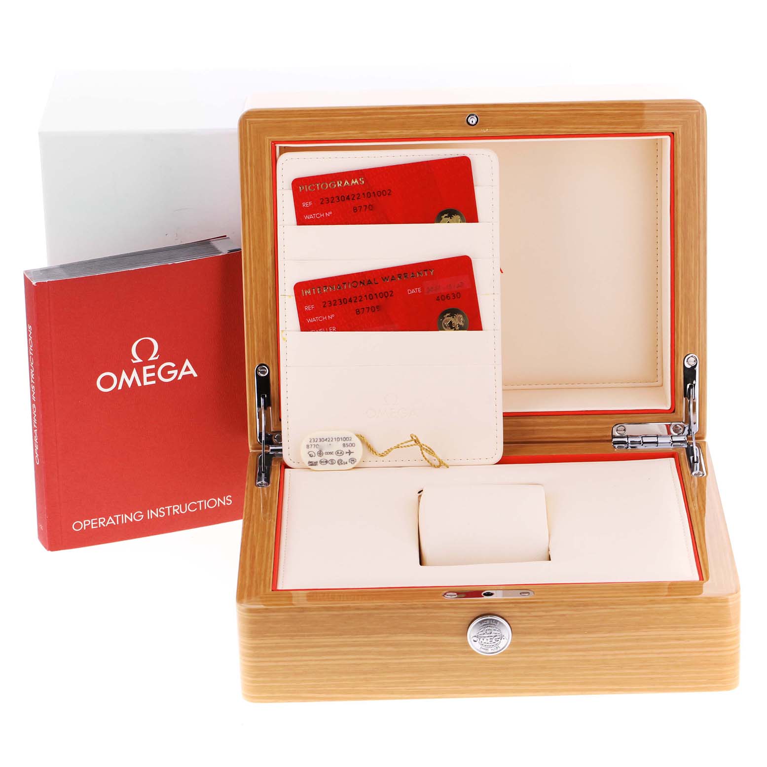 The image shows the packaging and accessories for the Omega Planet Ocean 232.30.42.21.01.002 Men
s Stainless Steel Black Dial 232.30.42.21.01.002 Men
s Stainless Steel Black Dial watch, including the warranty cards and operating instructions.