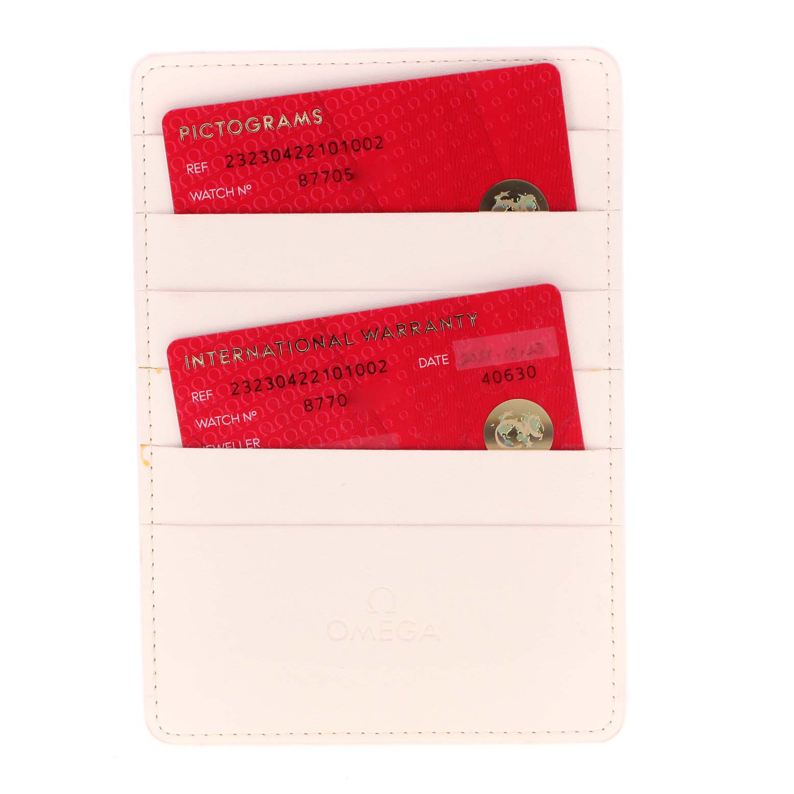 The image shows the warranty and pictogram cards for the Omega Planet Ocean 232.30.42.21.01.002 Men
s Stainless Steel Black Dial 232.30.42.21.01.002 Men
s Stainless Steel Black Dial watch in a cardholder.