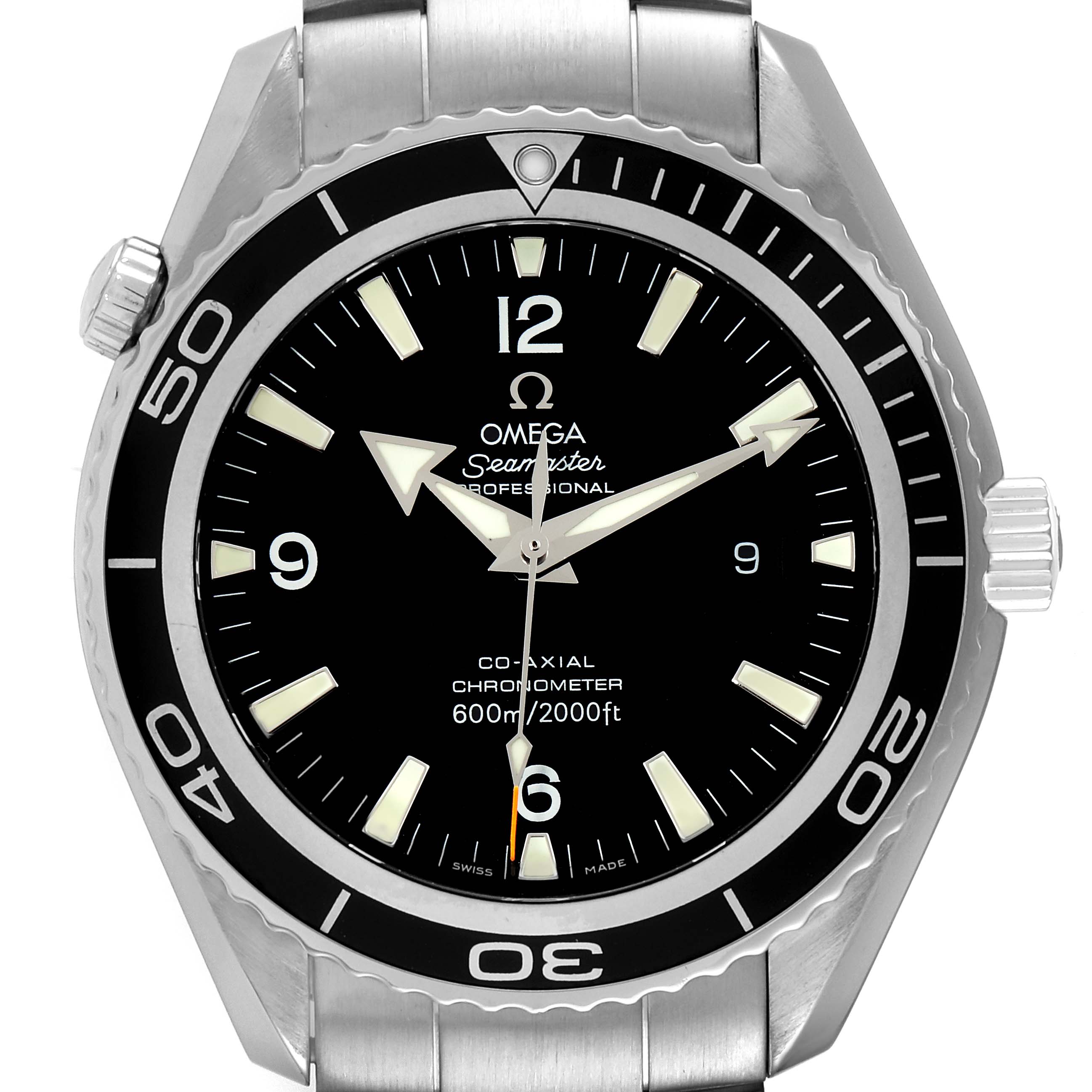 The Omega Planet Ocean 2200.50.00 Men
s Stainless Steel Black Dial 2200.50.00 Men
s Stainless Steel Black Dial watch is shown from a top-down angle, displaying its bezel, dial, hands, and bracelet.