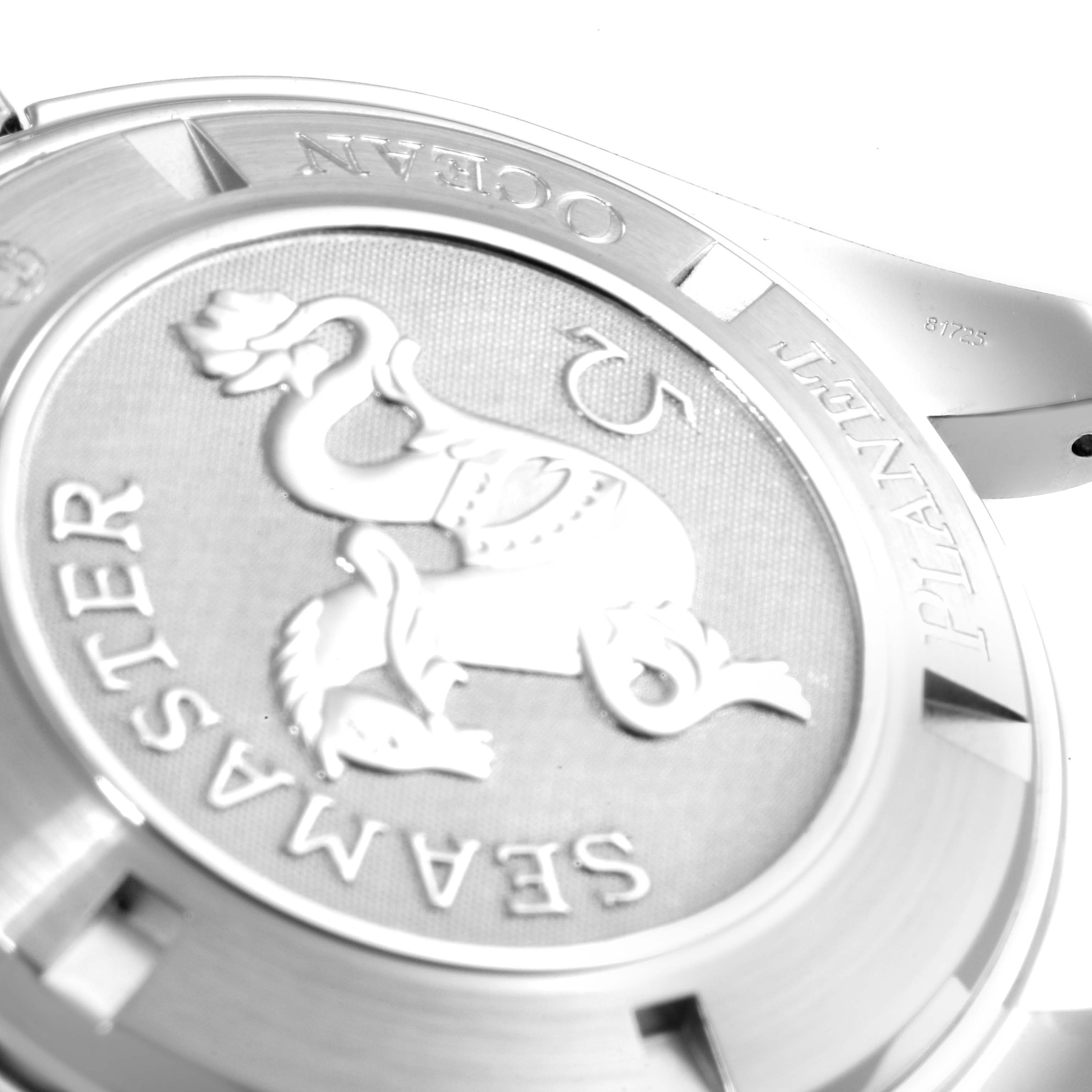 The image shows the case back of the Omega Seamaster Planet Ocean watch at a close-up angle.
