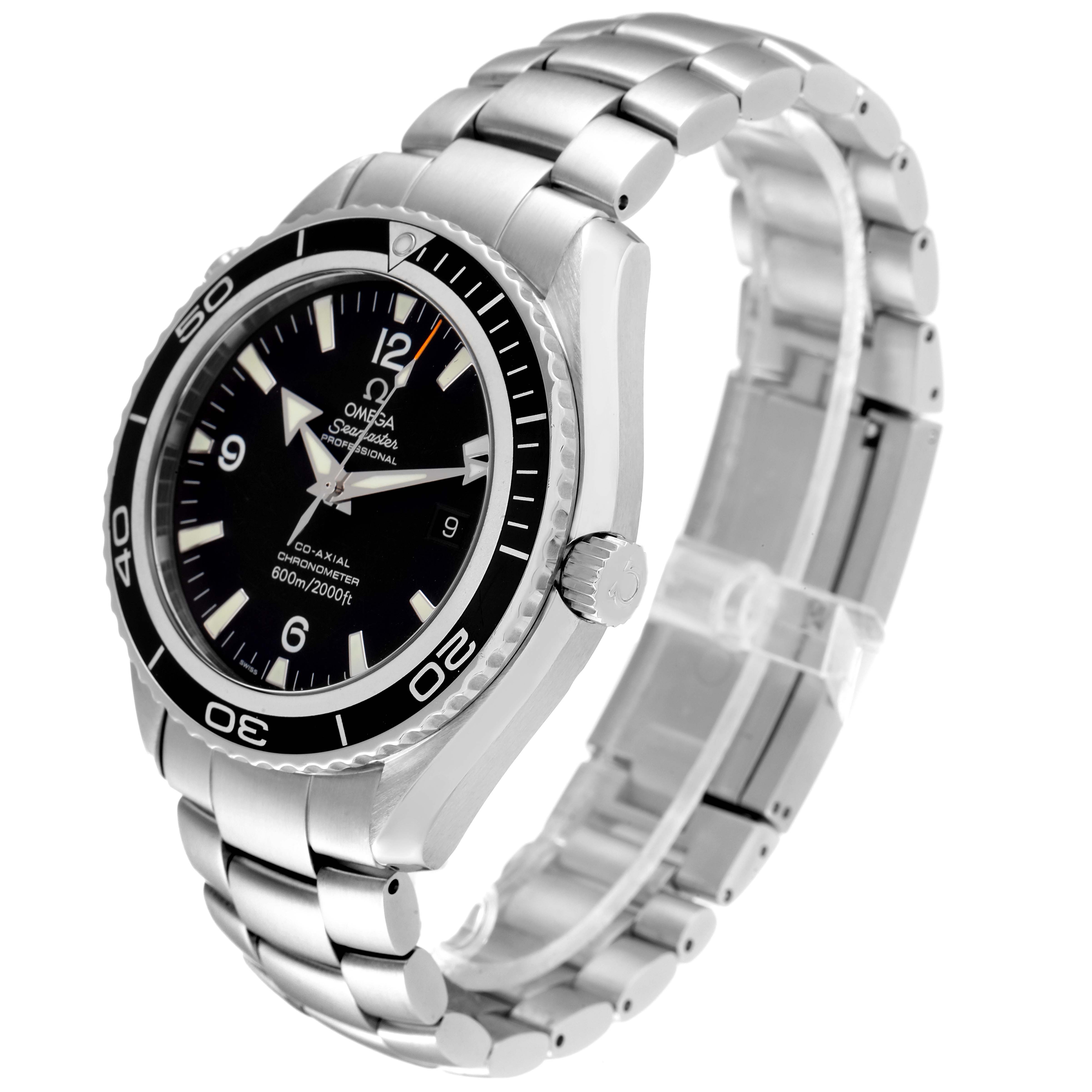 The image shows an Omega Planet Ocean 2200.50.00 Men
s Stainless Steel Black Dial 2200.50.00 Men
s Stainless Steel Black Dial watch from an angled side view, displaying its face, bezel, crown, and bracelet.