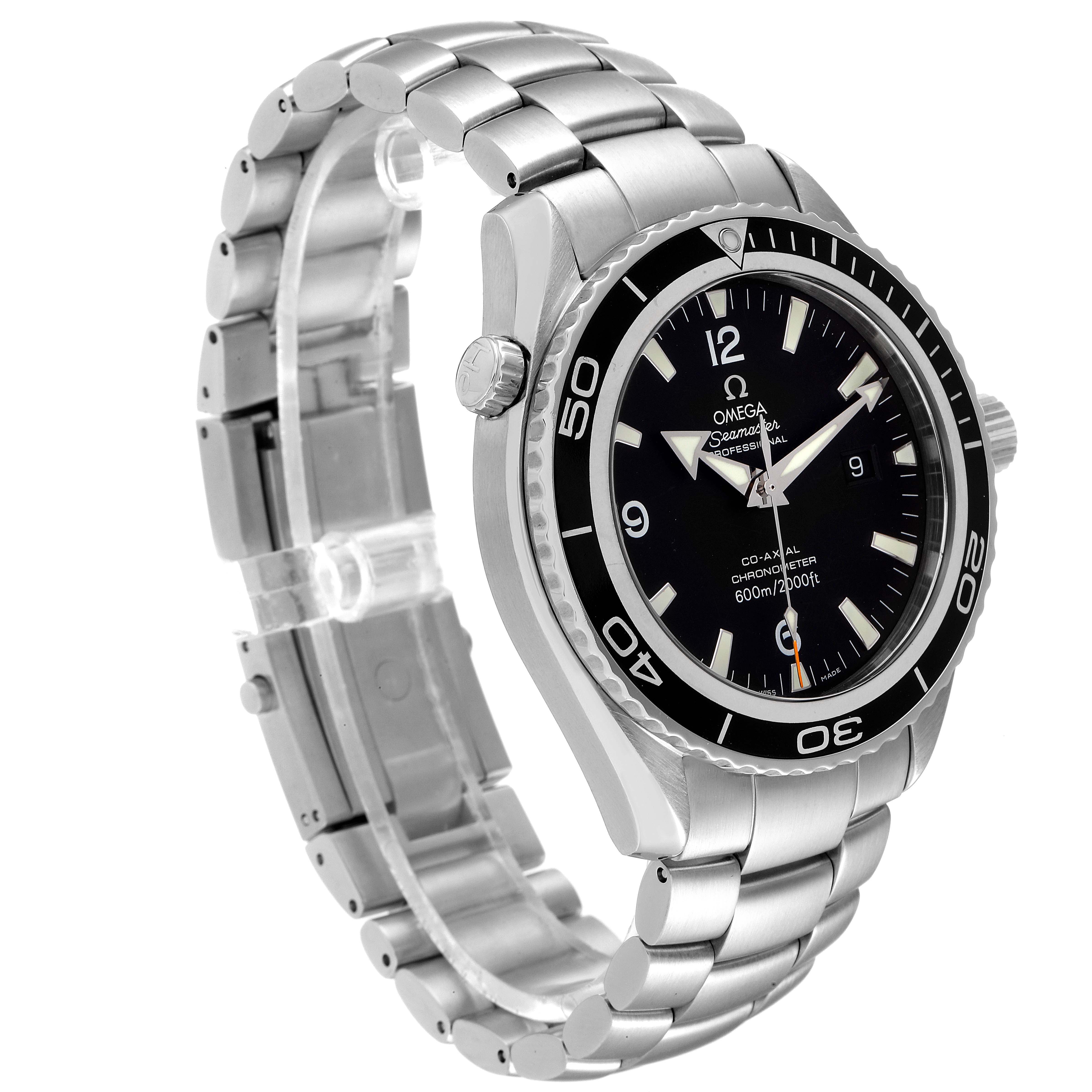 The image shows an Omega Planet Ocean 2200.50.00 Men
s Stainless Steel Black Dial 2200.50.00 Men
s Stainless Steel Black Dial watch at a three-quarter angle, highlighting the face, bezel, crown, and metal bracelet.