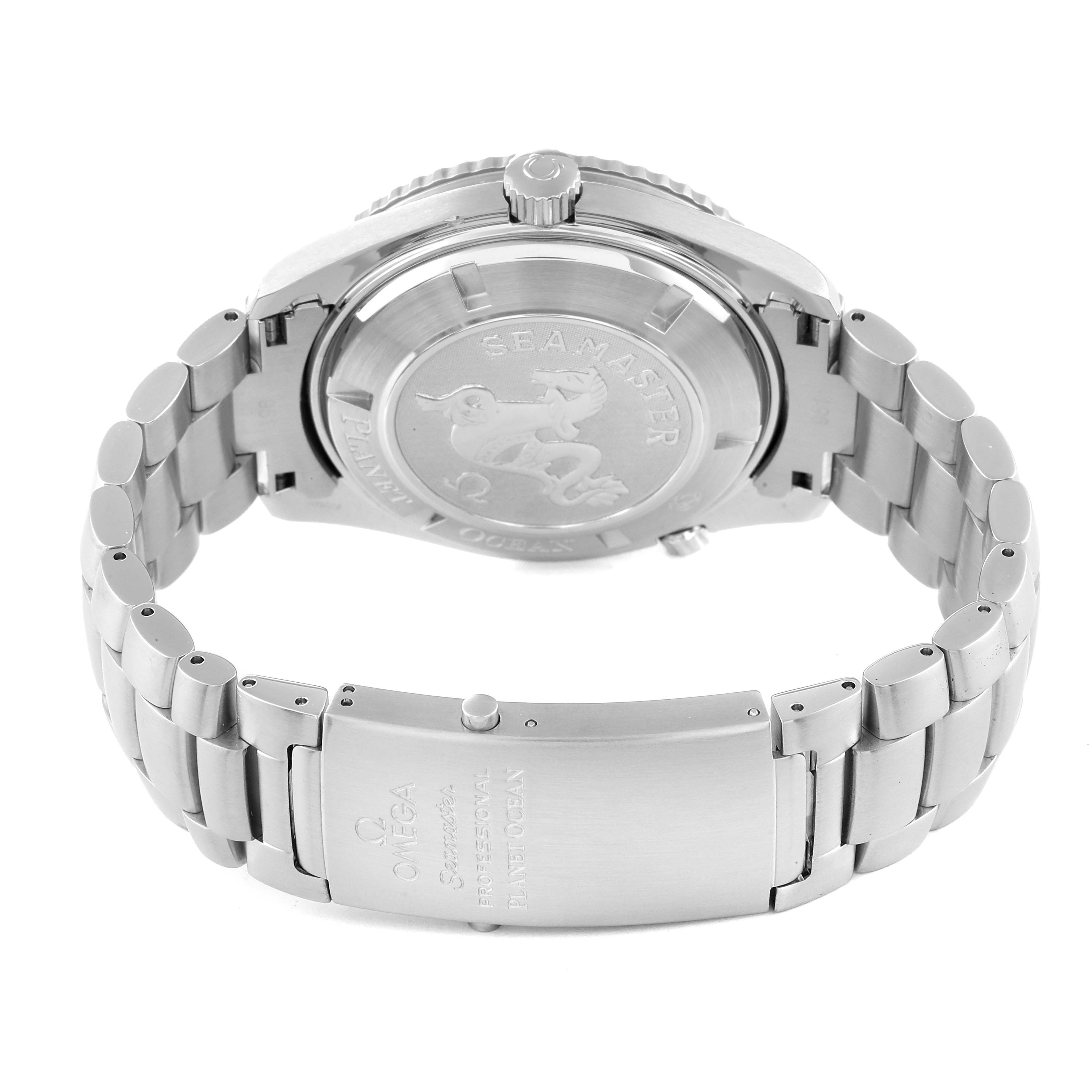 The image shows the back casing and clasp of the Omega Planet Ocean 2200.50.00 Men
s Stainless Steel Black Dial 2200.50.00 Men
s Stainless Steel Black Dial watch, highlighting the engraved details.