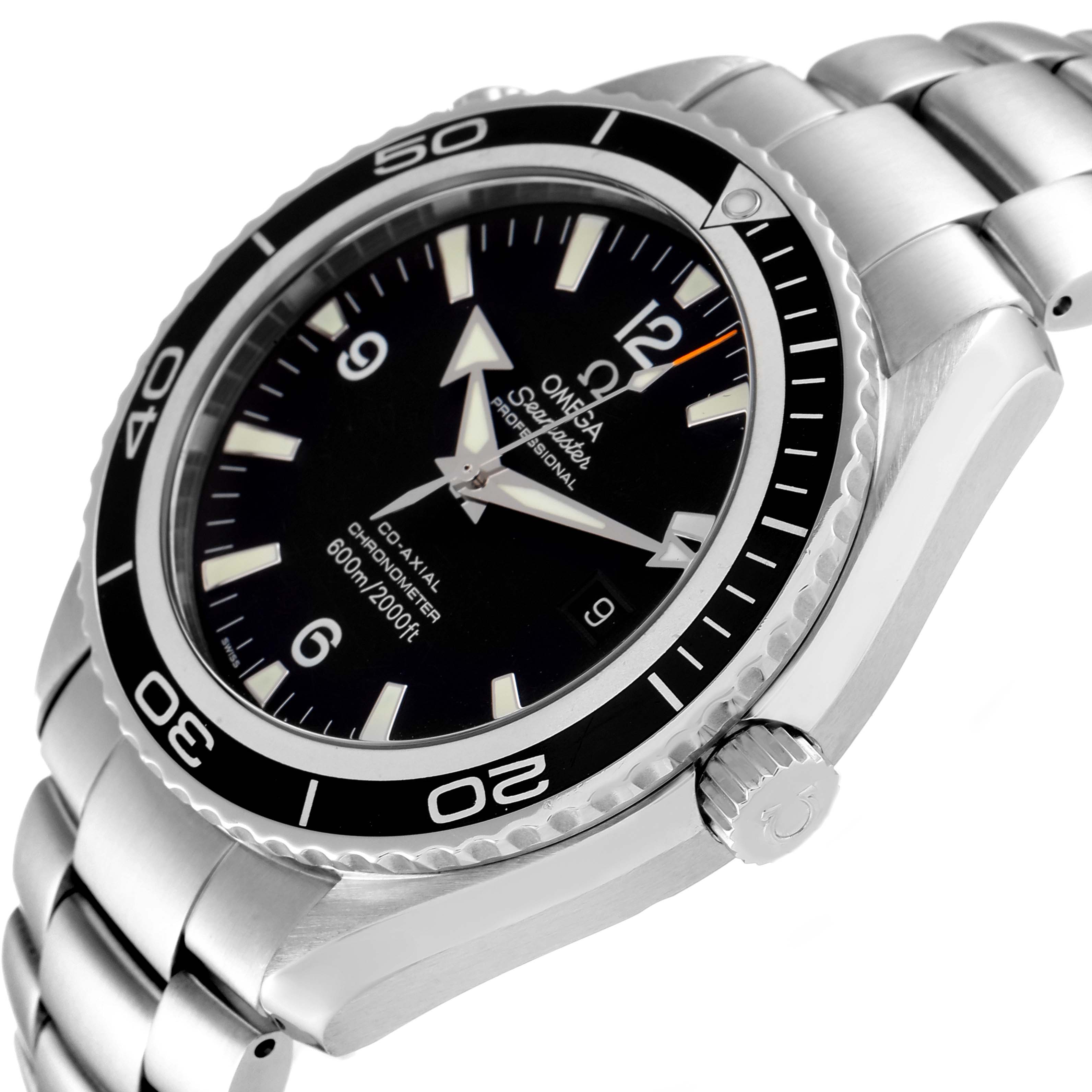 This image shows a side angle of the Omega Planet Ocean 2200.50.00 Men
s Stainless Steel Black Dial 2200.50.00 Men
s Stainless Steel Black Dial watch, featuring its dial, bezel, case, crown, and metal bracelet.