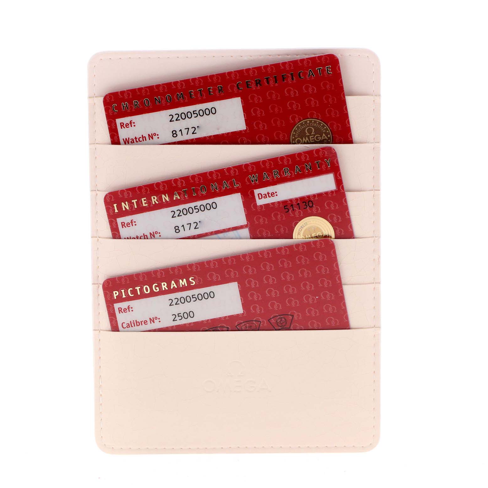 The image shows the warranty and certification cards for an Omega Planet Ocean 2200.50.00 Men
s Stainless Steel Black Dial 2200.50.00 Men
s Stainless Steel Black Dial model.