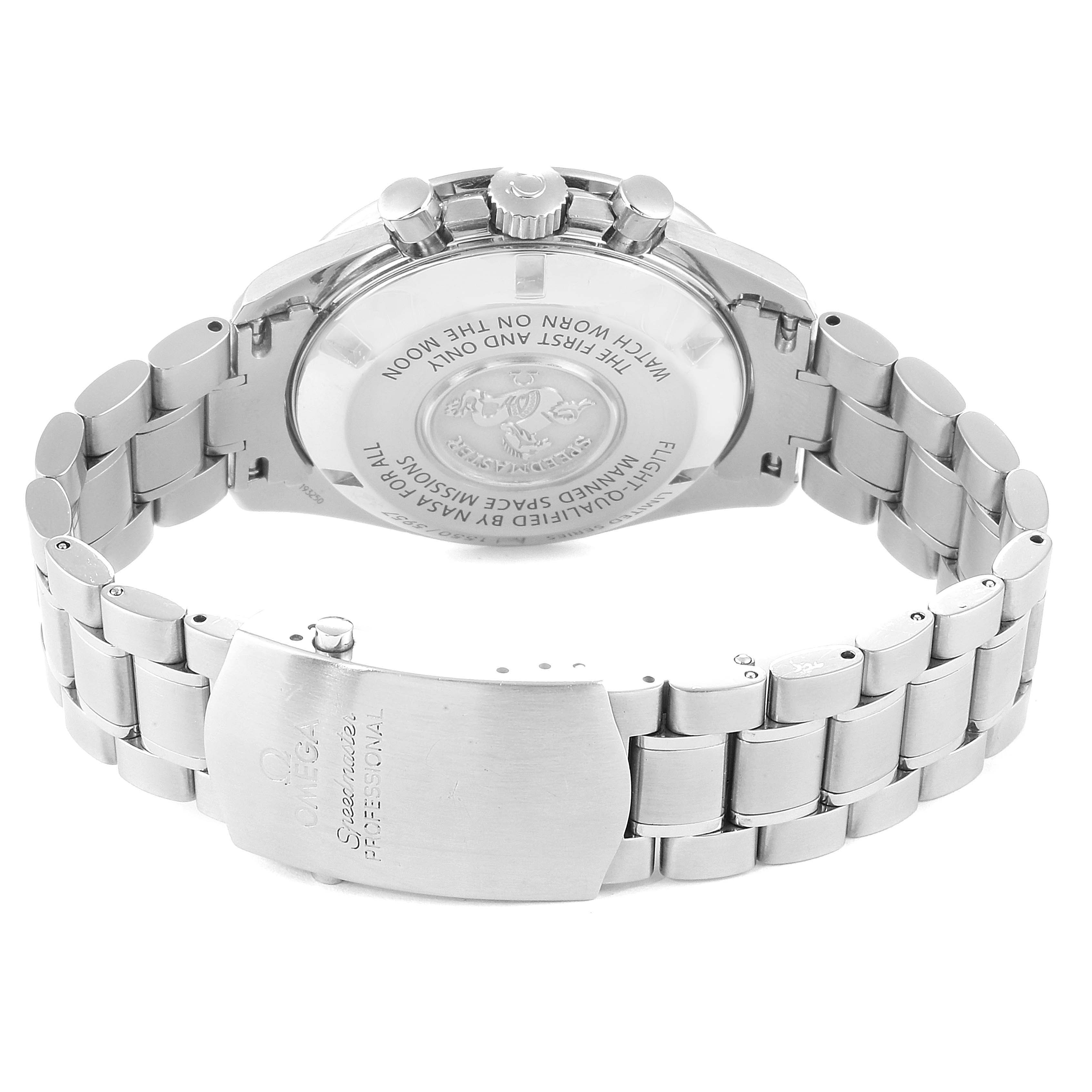 The image shows the back and bracelet of an Omega Speedmaster 311.30.42.30.01.001 Men's Stainless Steel Black Dial 311.30.42.30.01.001 Men's Stainless Steel Black Dial watch, displaying the clasp and case back.