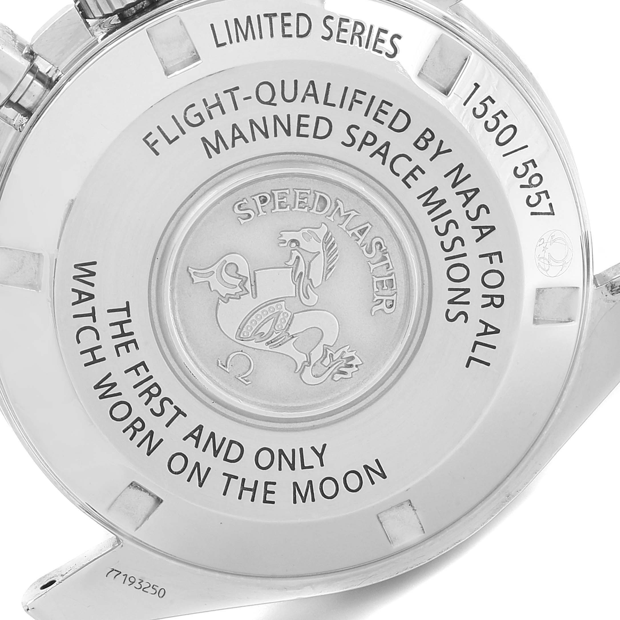 The image shows the back case of an Omega Speedmaster 311.30.42.30.01.001 Men's Stainless Steel Black Dial 311.30.42.30.01.001 Men's Stainless Steel Black Dial watch with engravings highlighting its space mission qualification.