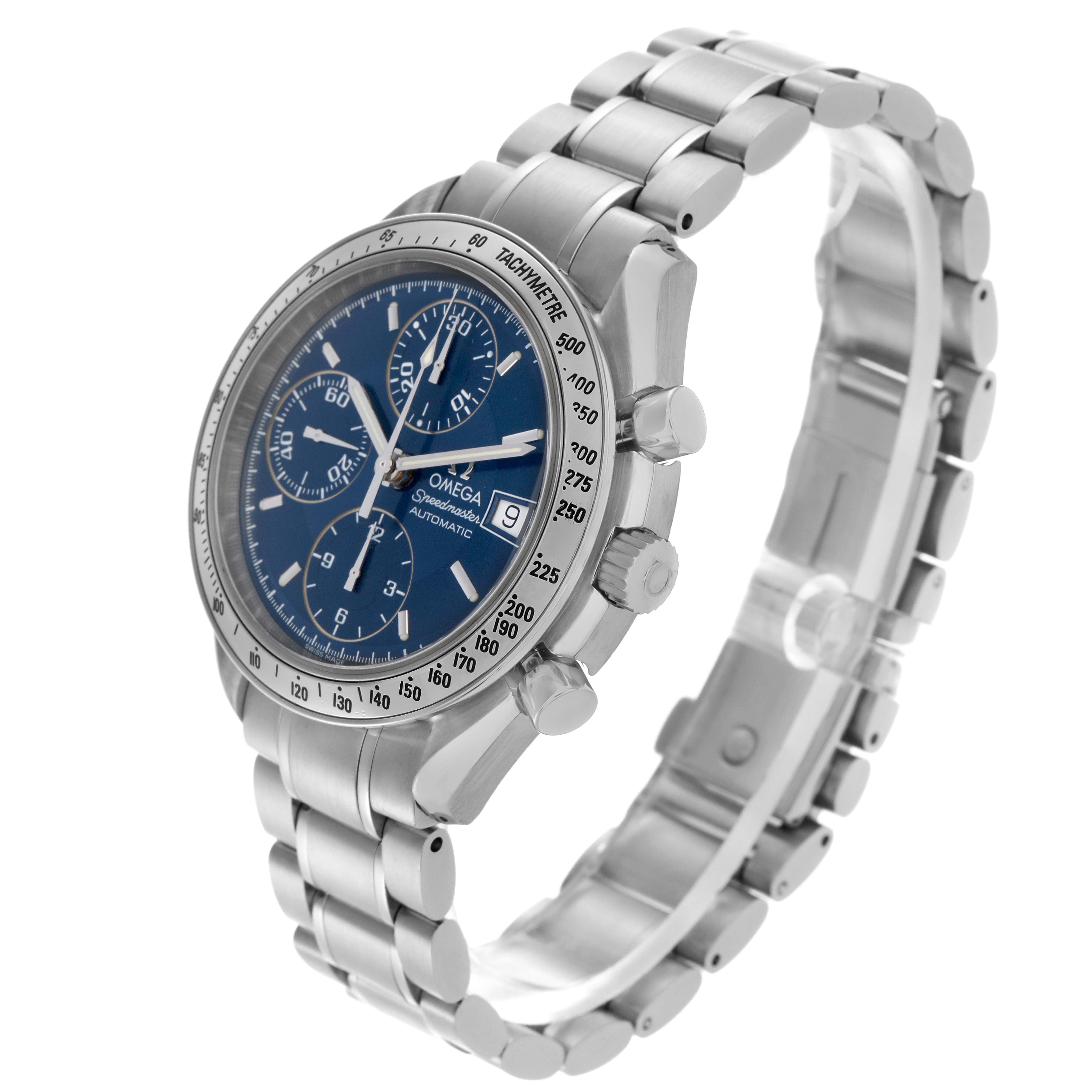 The Omega Speedmaster 3513.80.00 Men
s Stainless Steel Blue Dial 3513.80.00 Men
s Stainless Steel Blue Dial watch is shown at a three-quarter angle, displaying the face, bezel, and part of the metal bracelet.