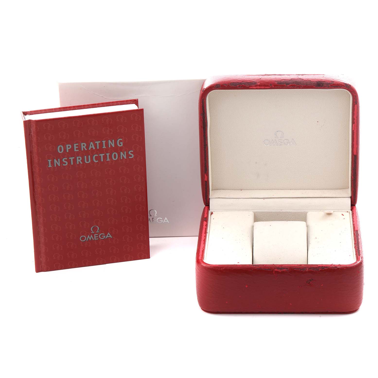 The image shows a red Omega Speedmaster 3513.80.00 Men
s Stainless Steel Blue Dial 3513.80.00 Men
s Stainless Steel Blue Dial watch box, instruction booklet, and a cardholder from a front angle.