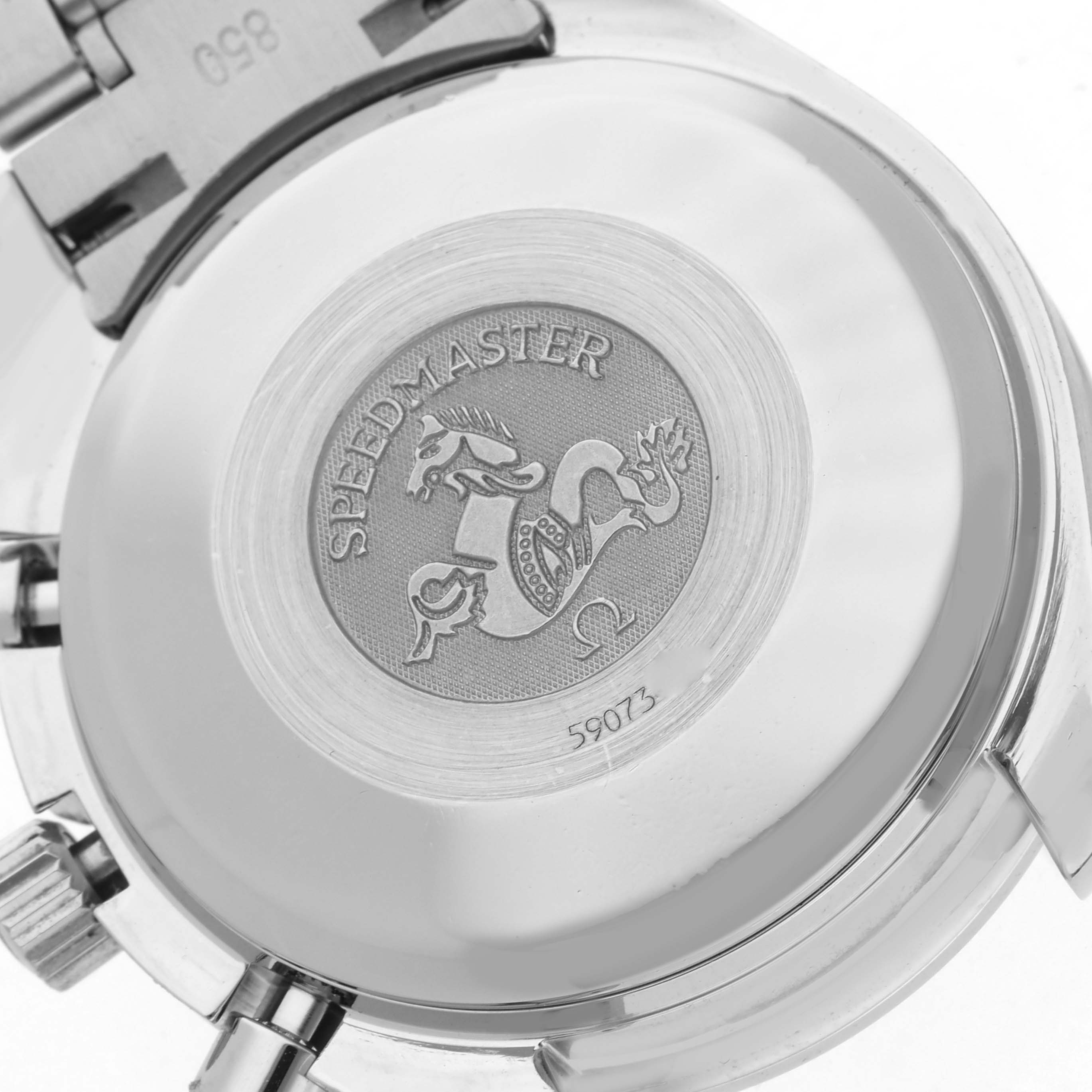 The image shows the back case of an Omega Speedmaster 3513.80.00 Men
s Stainless Steel Blue Dial 3513.80.00 Men
s Stainless Steel Blue Dial watch, highlighting the engraved emblem and the model name.