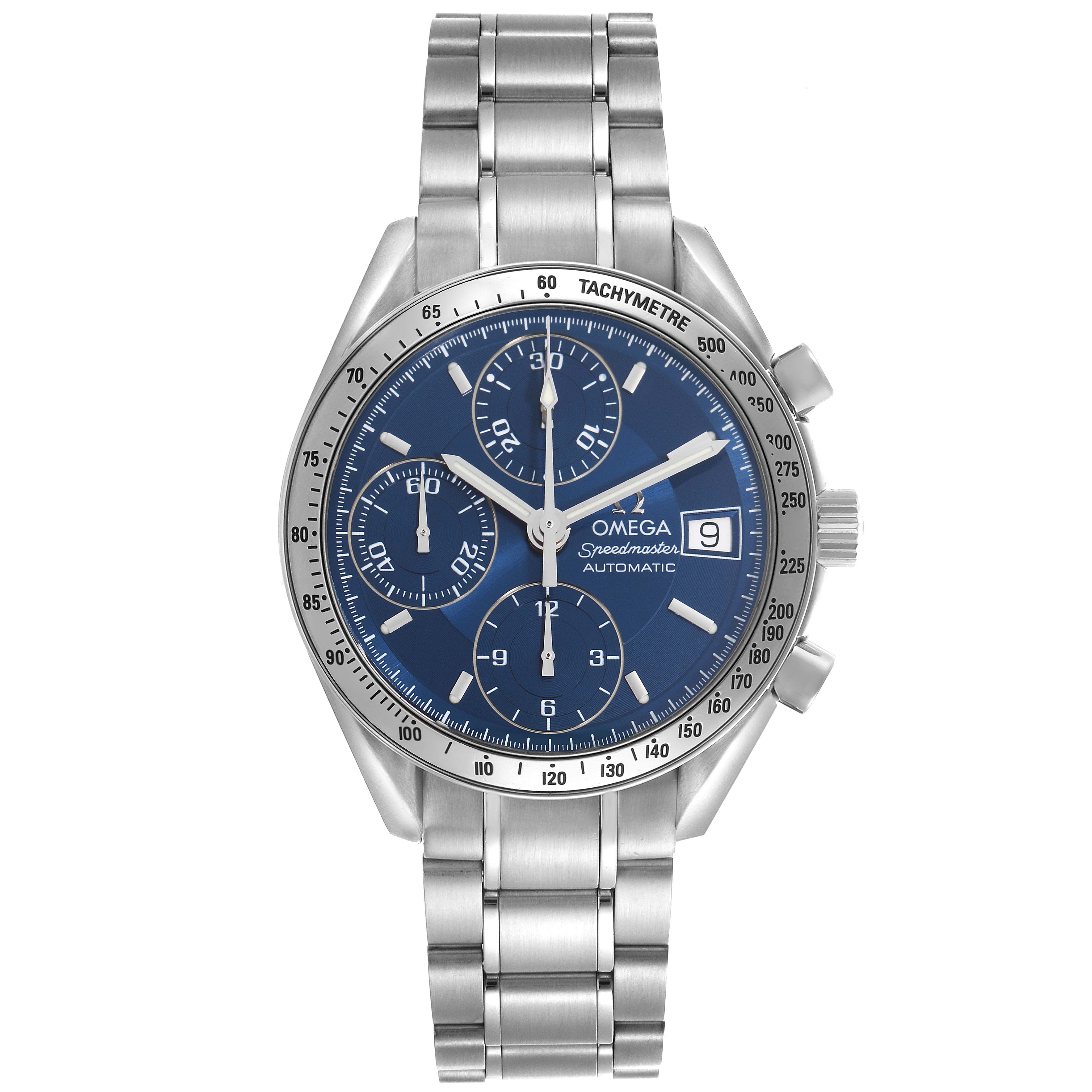 The Omega Speedmaster 3513.80.00 Men
s Stainless Steel Blue Dial 3513.80.00 Men
s Stainless Steel Blue Dial watch is shown from the front, featuring the dial, tachymeter bezel, and stainless steel bracelet.