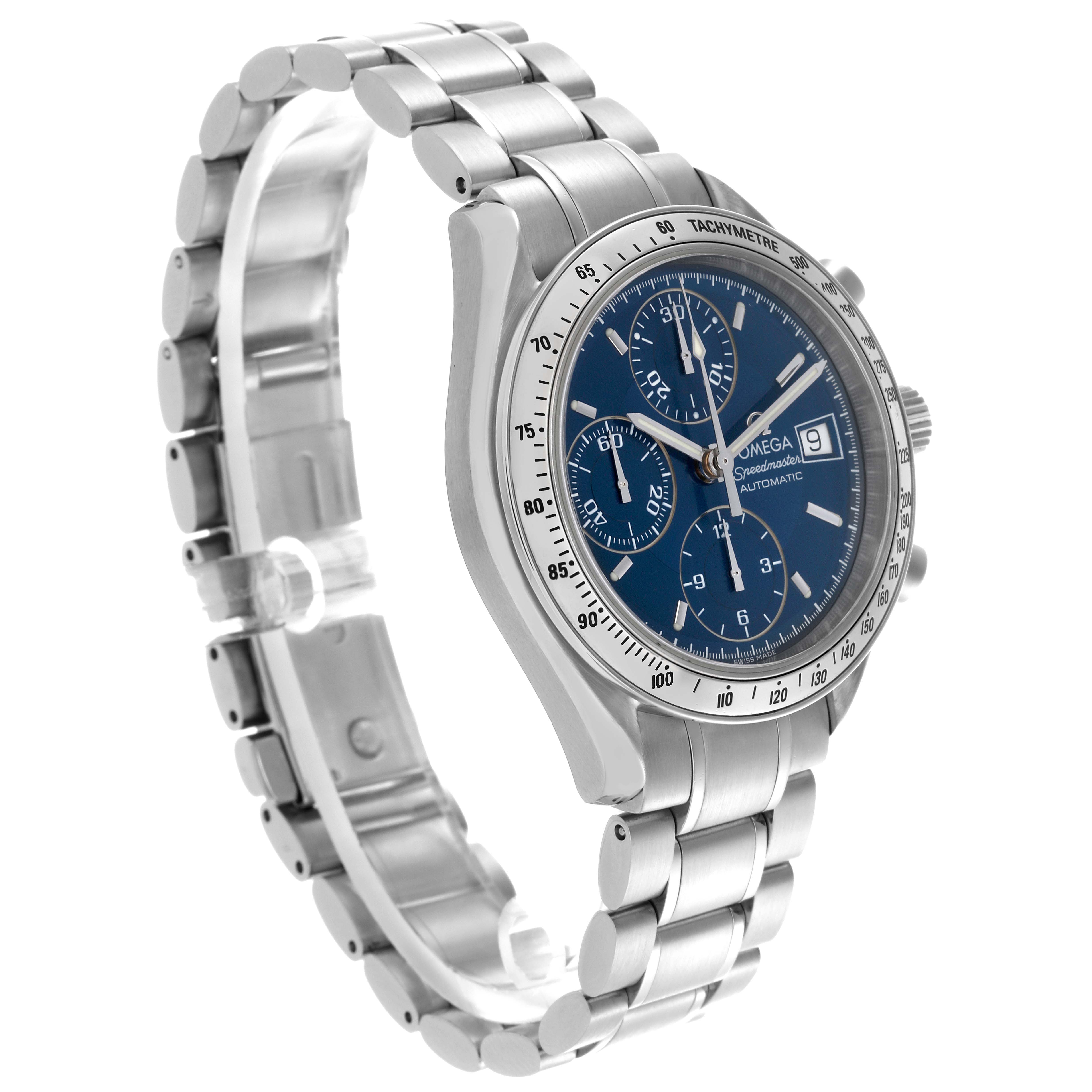 The Omega Speedmaster 3513.80.00 Men
s Stainless Steel Blue Dial 3513.80.00 Men
s Stainless Steel Blue Dial watch is shown at a three-quarter angle, displaying the bracelet, bezel, dial, and pushers.