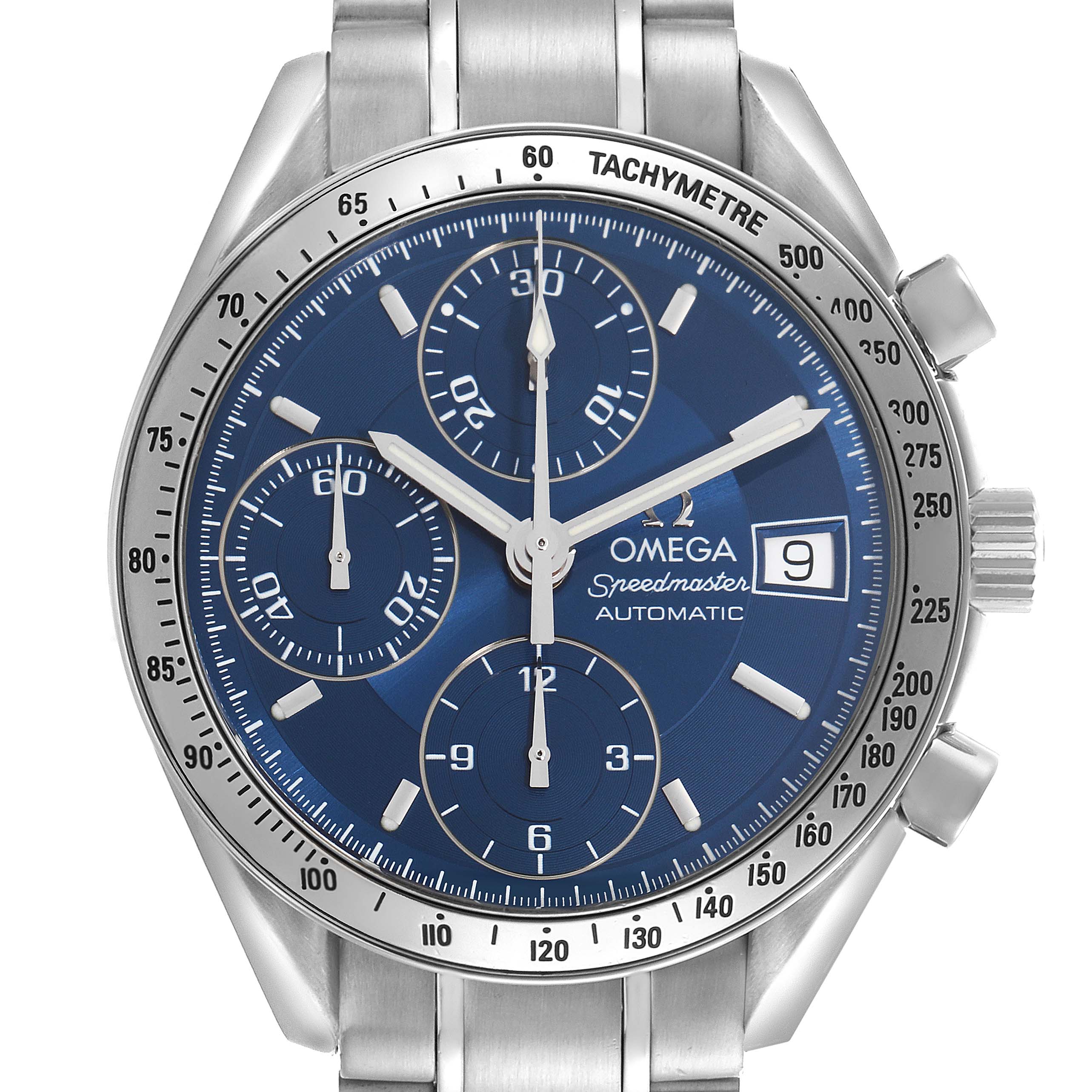 The Omega Speedmaster 3513.80.00 Men
s Stainless Steel Blue Dial 3513.80.00 Men
s Stainless Steel Blue Dial watch is shown from the front, displaying the dial, tachymeter, and crown.