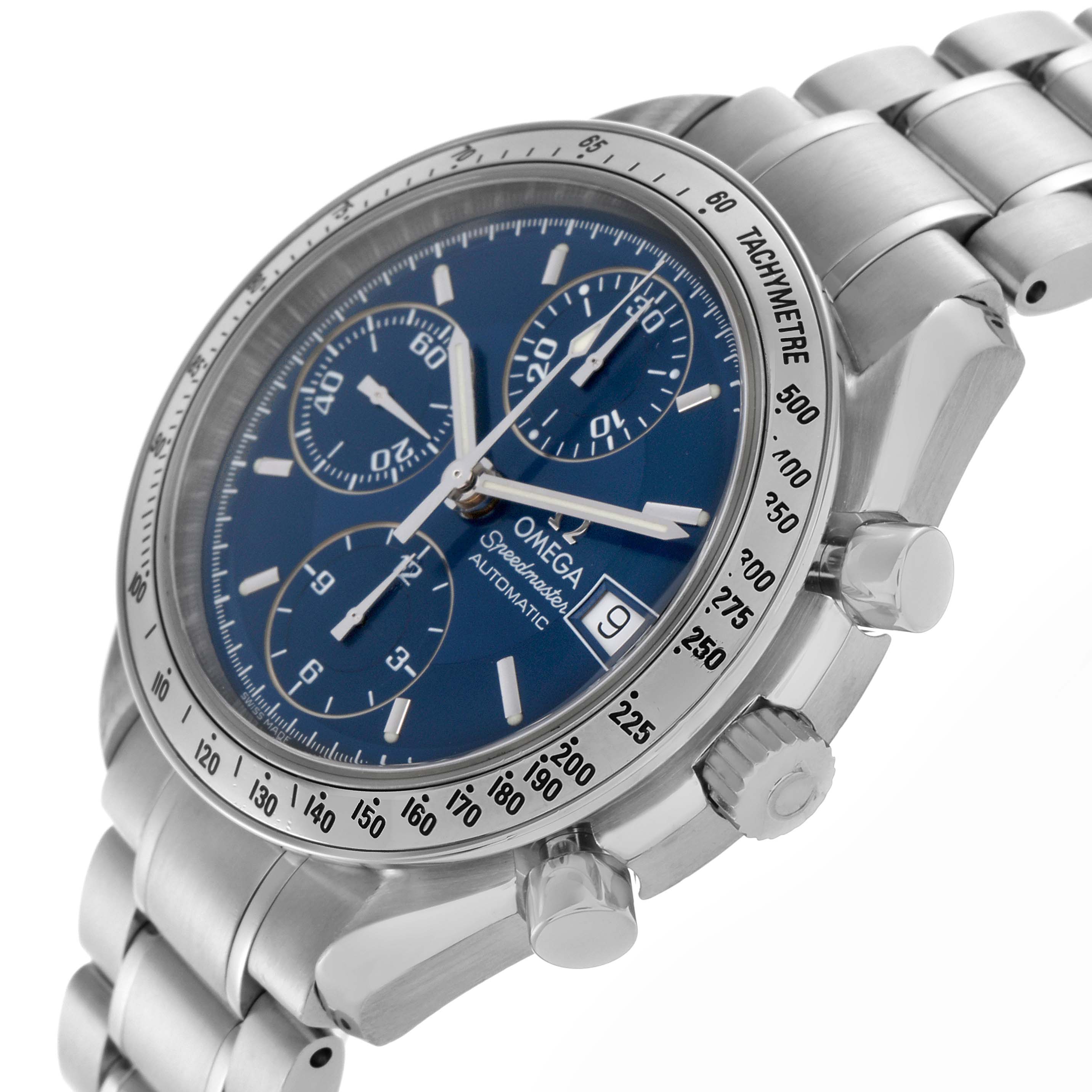 The Omega Speedmaster 3513.80.00 Men
s Stainless Steel Blue Dial 3513.80.00 Men
s Stainless Steel Blue Dial watch is shown from a side angle, highlighting the face, bezel, crown, pushers, and bracelet.