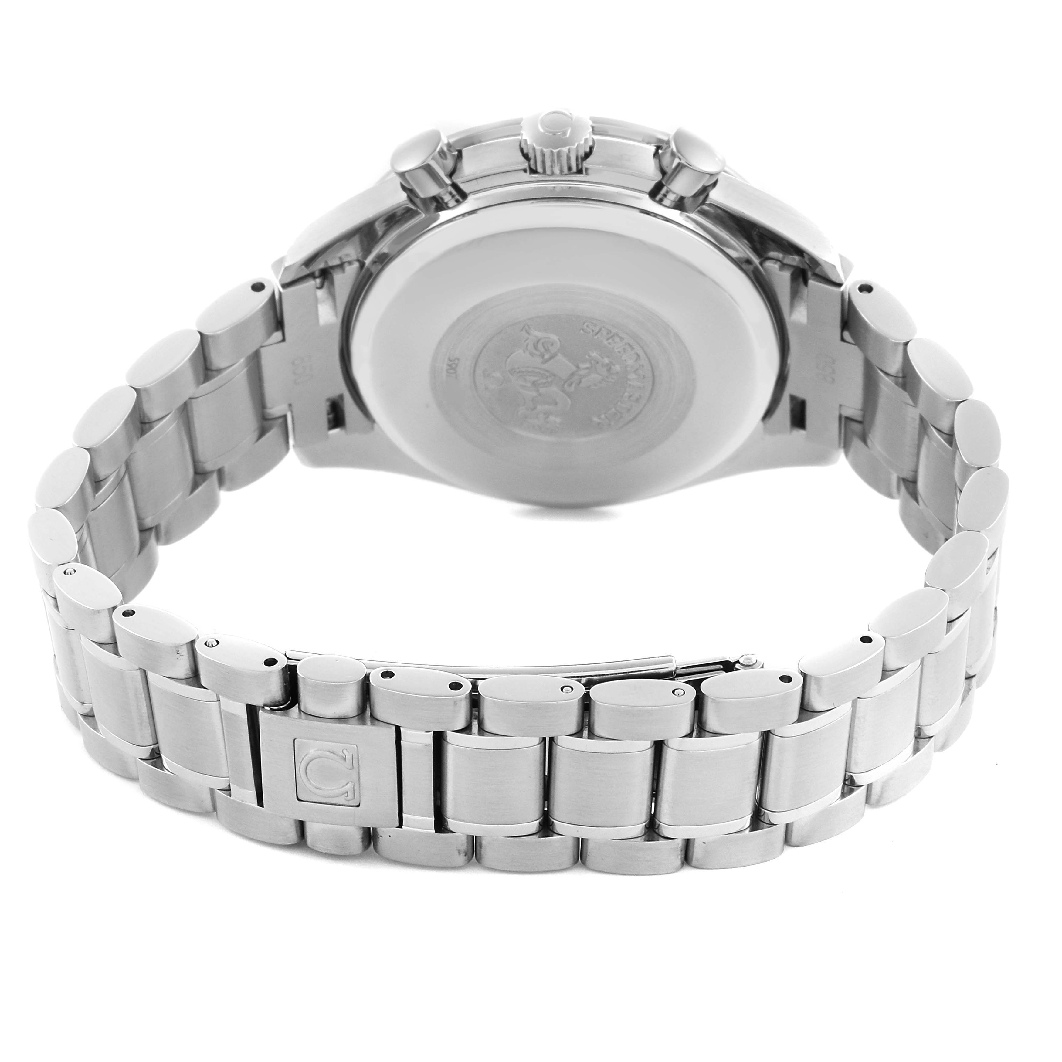 The image shows the back and bracelet of the Omega Speedmaster 3513.80.00 Men
s Stainless Steel Blue Dial 3513.80.00 Men
s Stainless Steel Blue Dial, highlighting the clasp and case back.