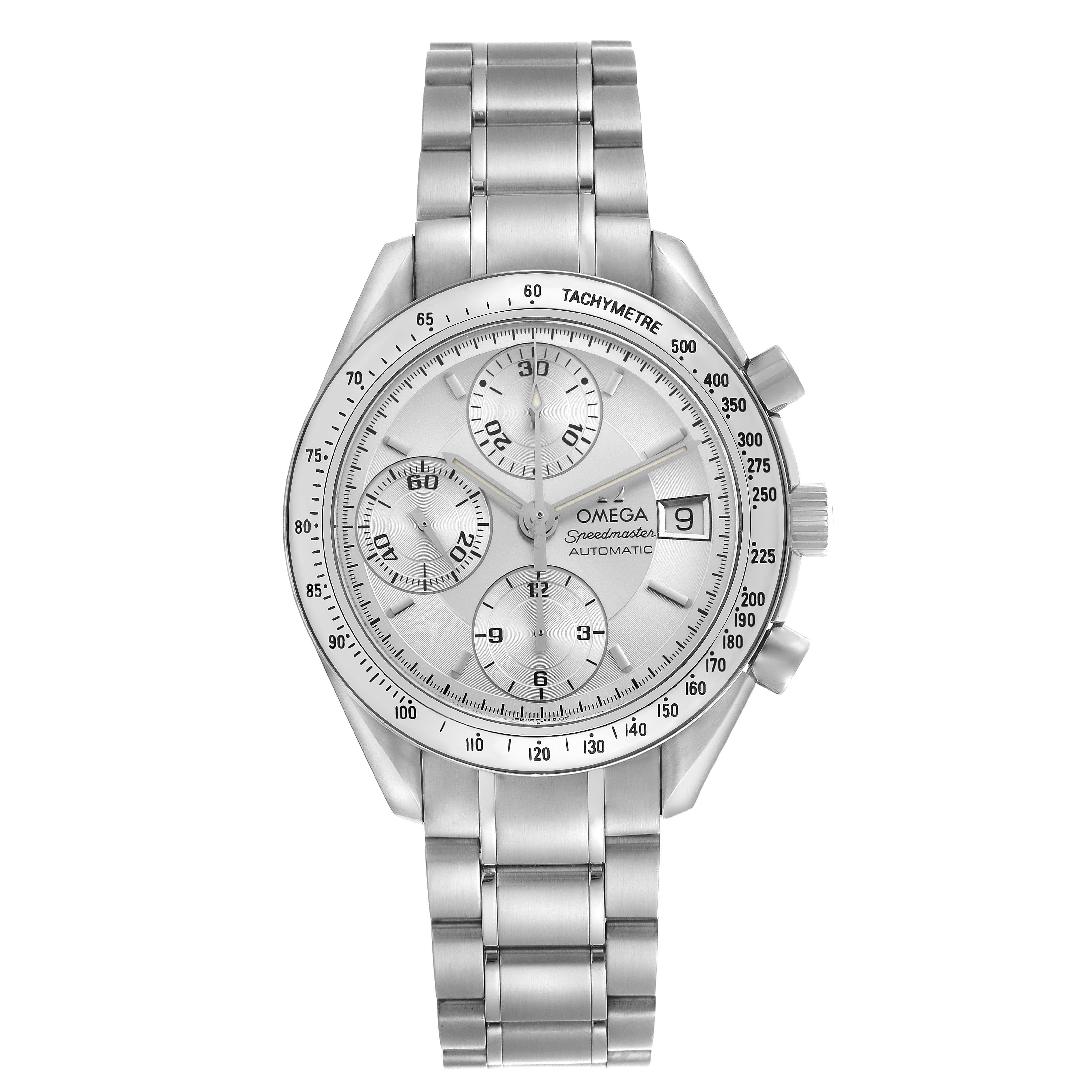 The image shows a frontal view of the Omega Speedmaster 3513.30.00 Men's Stainless Steel Silver Dial 3513.30.00 Men's Stainless Steel Silver Dial watch, highlighting the dial, tachymeter, sub-dials, and metal bracelet.