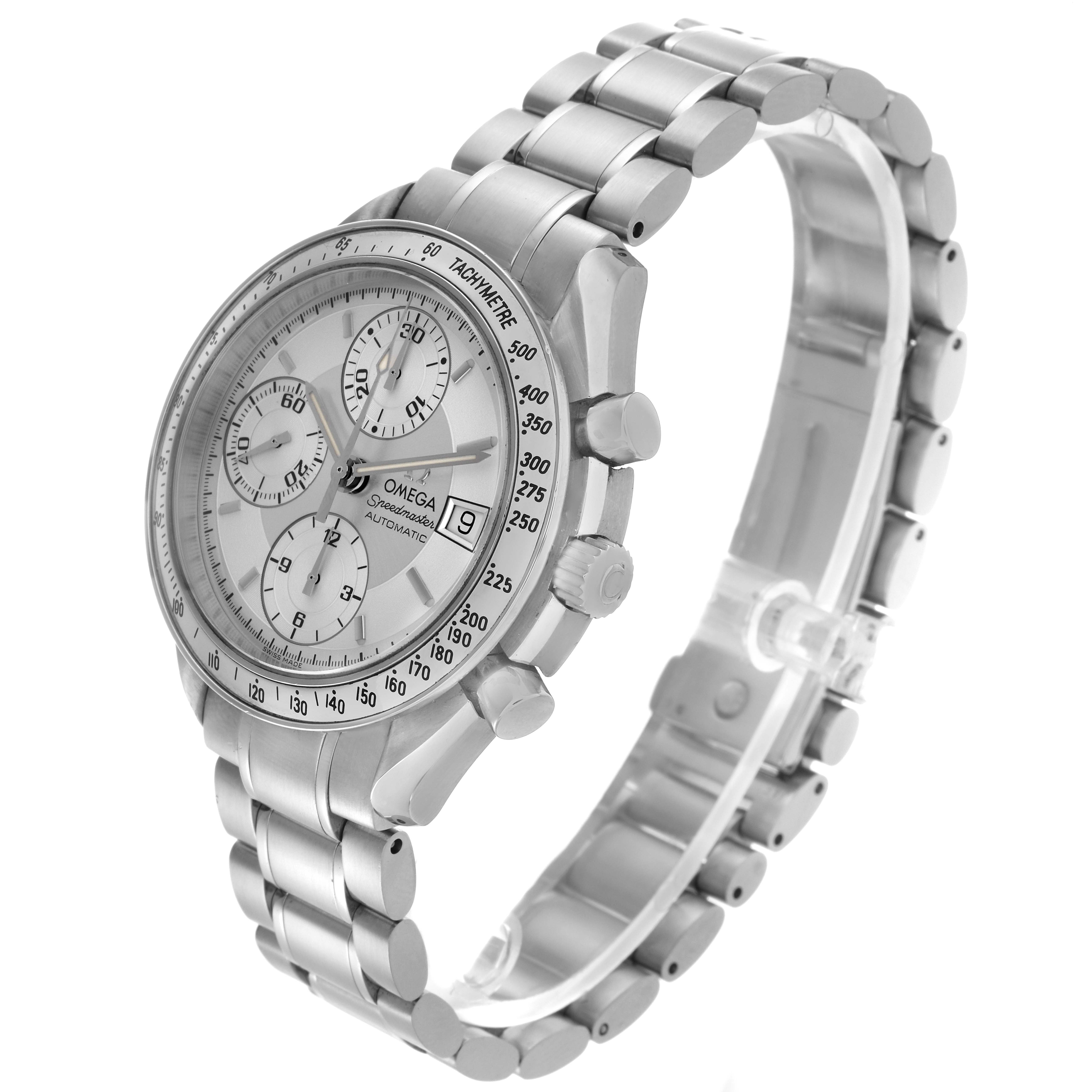 The Omega Speedmaster 3513.30.00 Men's Stainless Steel Silver Dial 3513.30.00 Men's Stainless Steel Silver Dial watch is shown at a three-quarter angle, displaying its face, bezel, pushers, and bracelet.