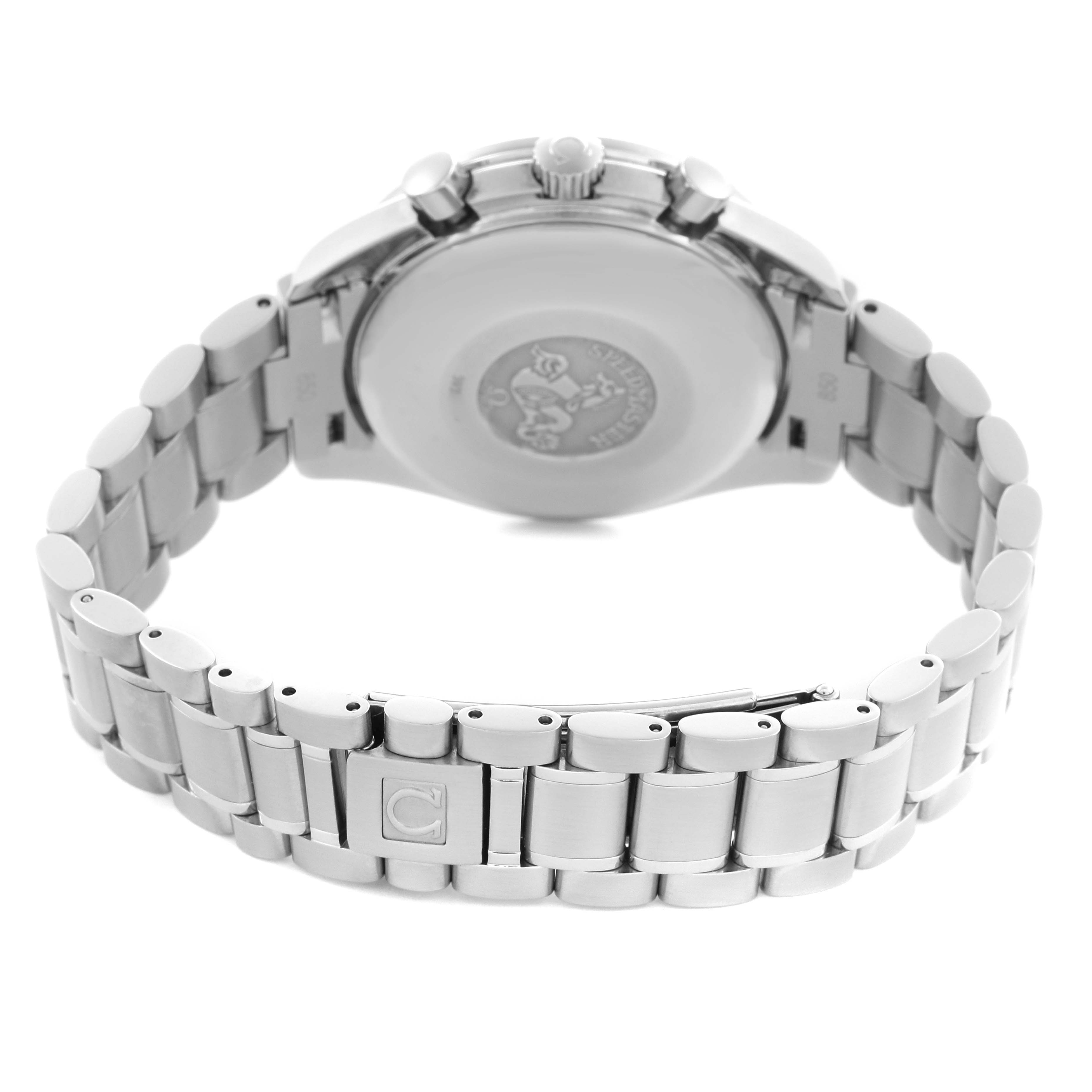 The image shows the Omega Speedmaster 3513.30.00 Men's Stainless Steel Silver Dial 3513.30.00 Men's Stainless Steel Silver Dial's stainless steel bracelet and case back from the rear angle.