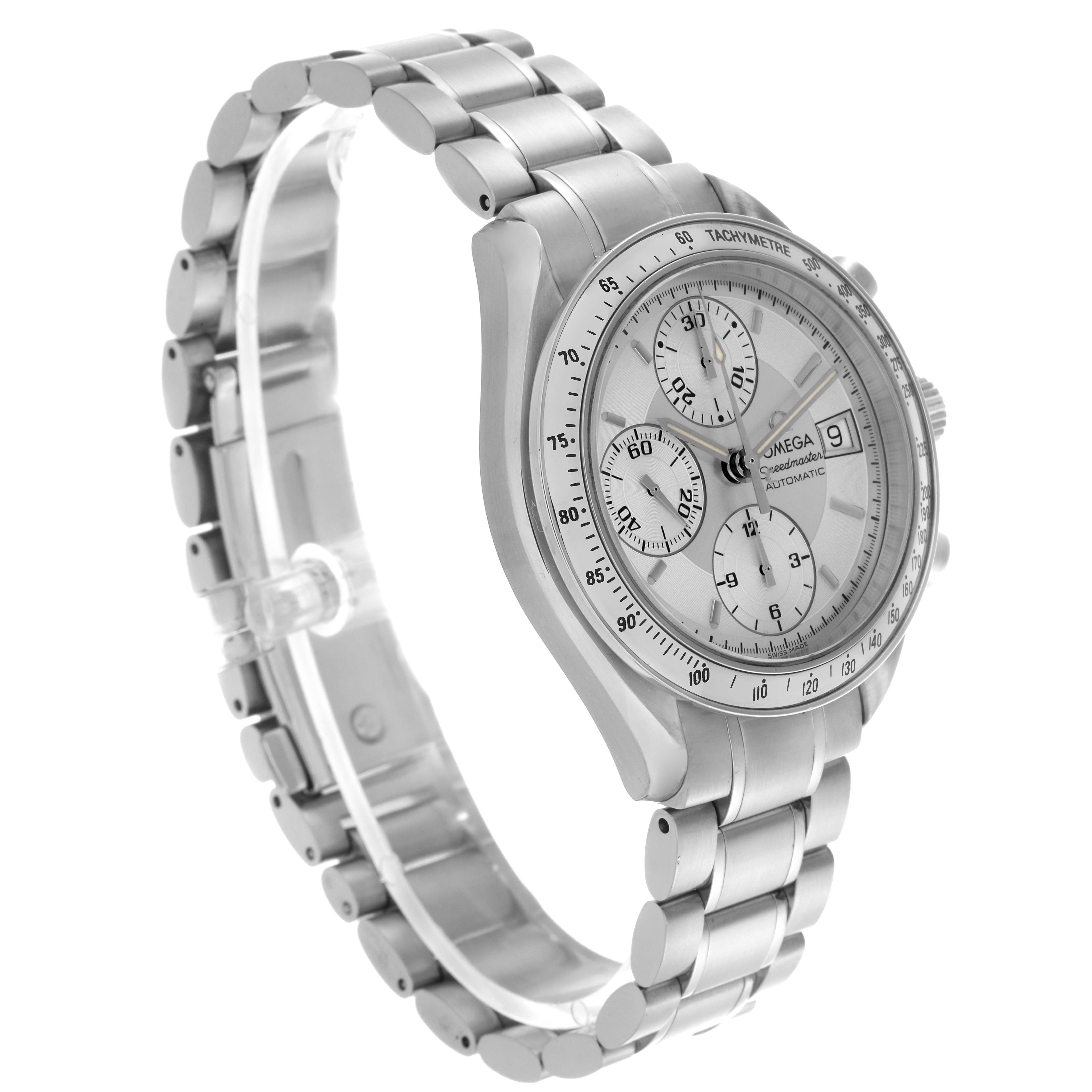The Omega Speedmaster 3513.30.00 Men's Stainless Steel Silver Dial 3513.30.00 Men's Stainless Steel Silver Dial watch is shown at a three-quarter angle highlighting its face, bezel, and bracelet.