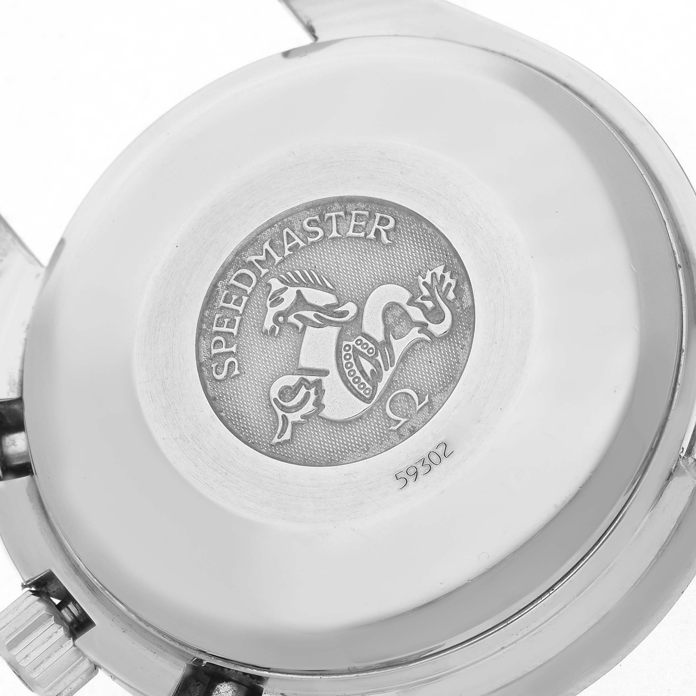 The image shows the back case of an Omega Speedmaster 3513.30.00 Men's Stainless Steel Silver Dial 3513.30.00 Men's Stainless Steel Silver Dial watch, featuring the engraved logo and model name.