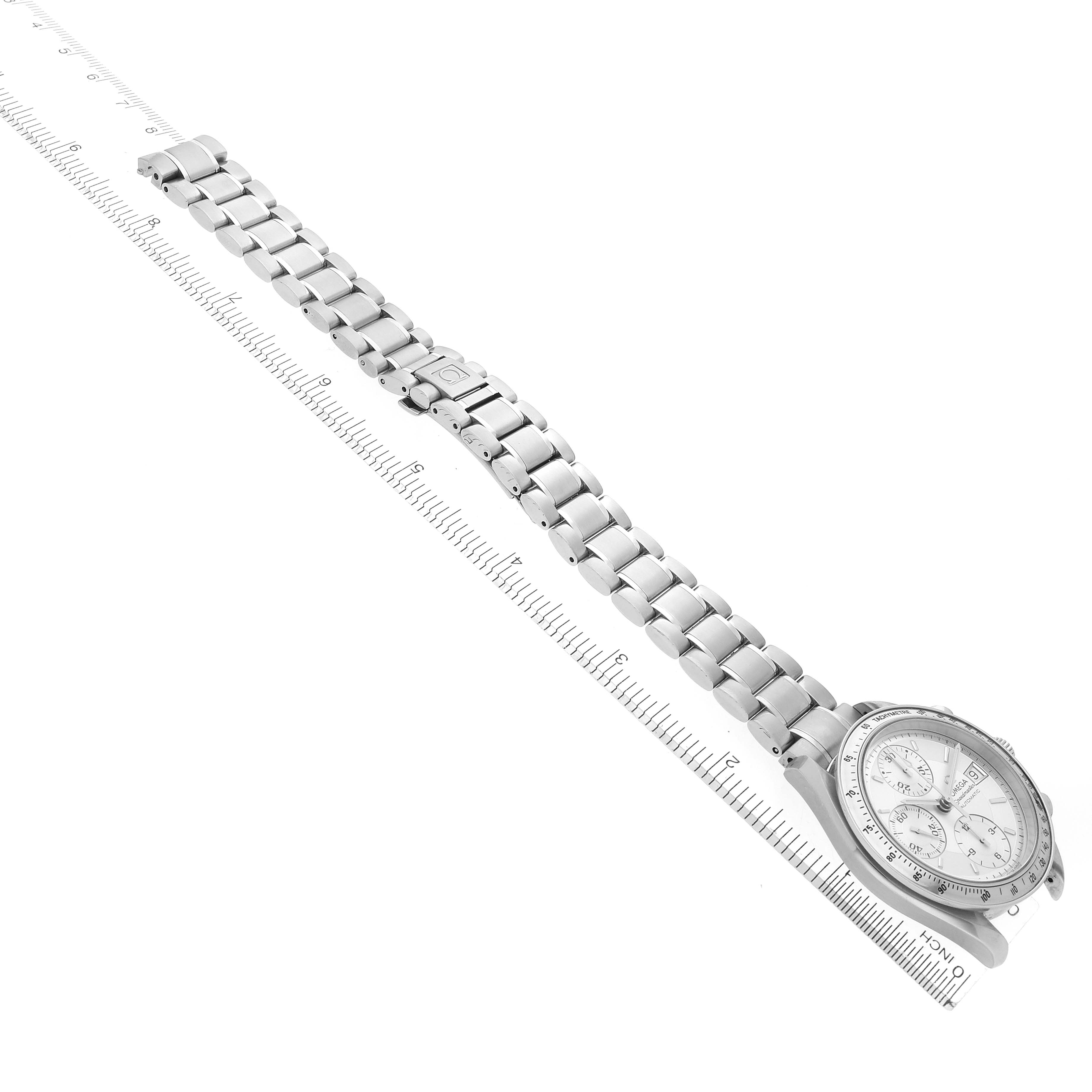 The Omega Speedmaster 3513.30.00 Men's Stainless Steel Silver Dial 3513.30.00 Men's Stainless Steel Silver Dial watch is shown at an angle highlighting the bracelet and clasp, with part of the face visible.