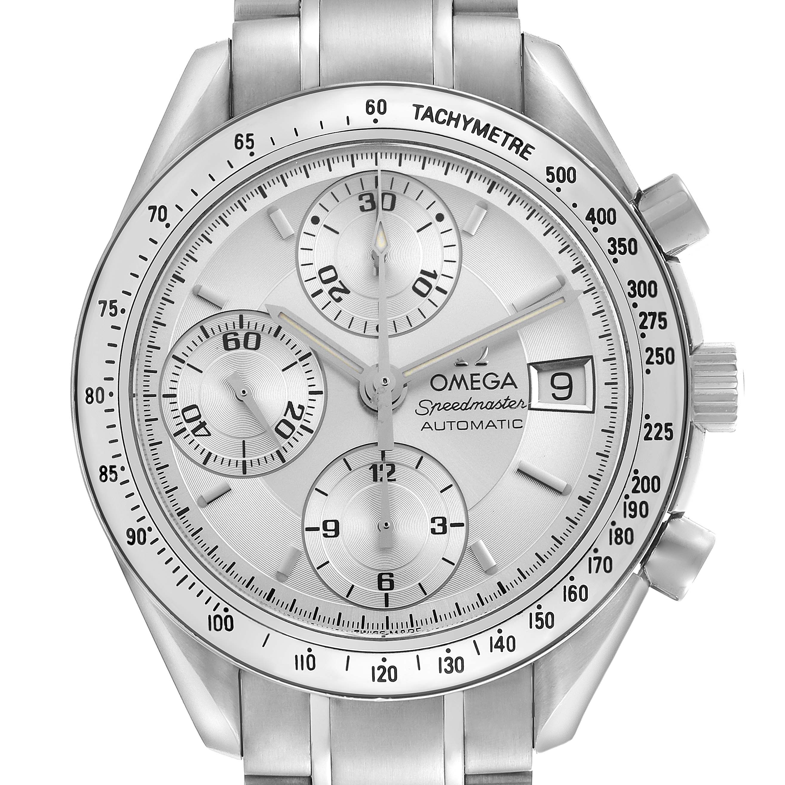 The Omega Speedmaster 3513.30.00 Men's Stainless Steel Silver Dial 3513.30.00 Men's Stainless Steel Silver Dial watch is shown from a front angle, highlighting the dial, chronograph subdials, date window, and bezel.
